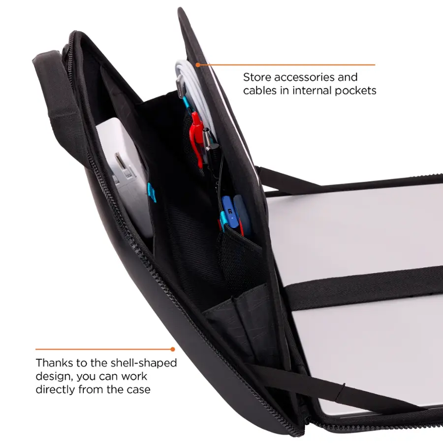 Store accessories and cables in internal pockets. Thanks to the shell-shaped design, you can work directly from the case.