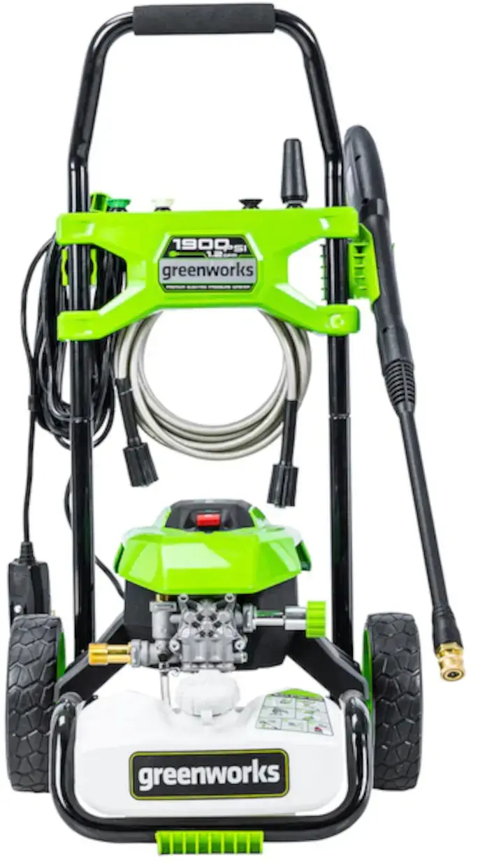 The image features a large, green pressure washer with a hose attached to it. The pressure washer is designed for cleaning and maintaining various surfaces, such as driveways, sidewalks, and decks. The green color of the pressure washer and the hose makes it stand out and easily identifiable. The hose is connected to the pressure washer, allowing it to spray water at high pressure to remove dirt, grime, and stains from different surfaces.