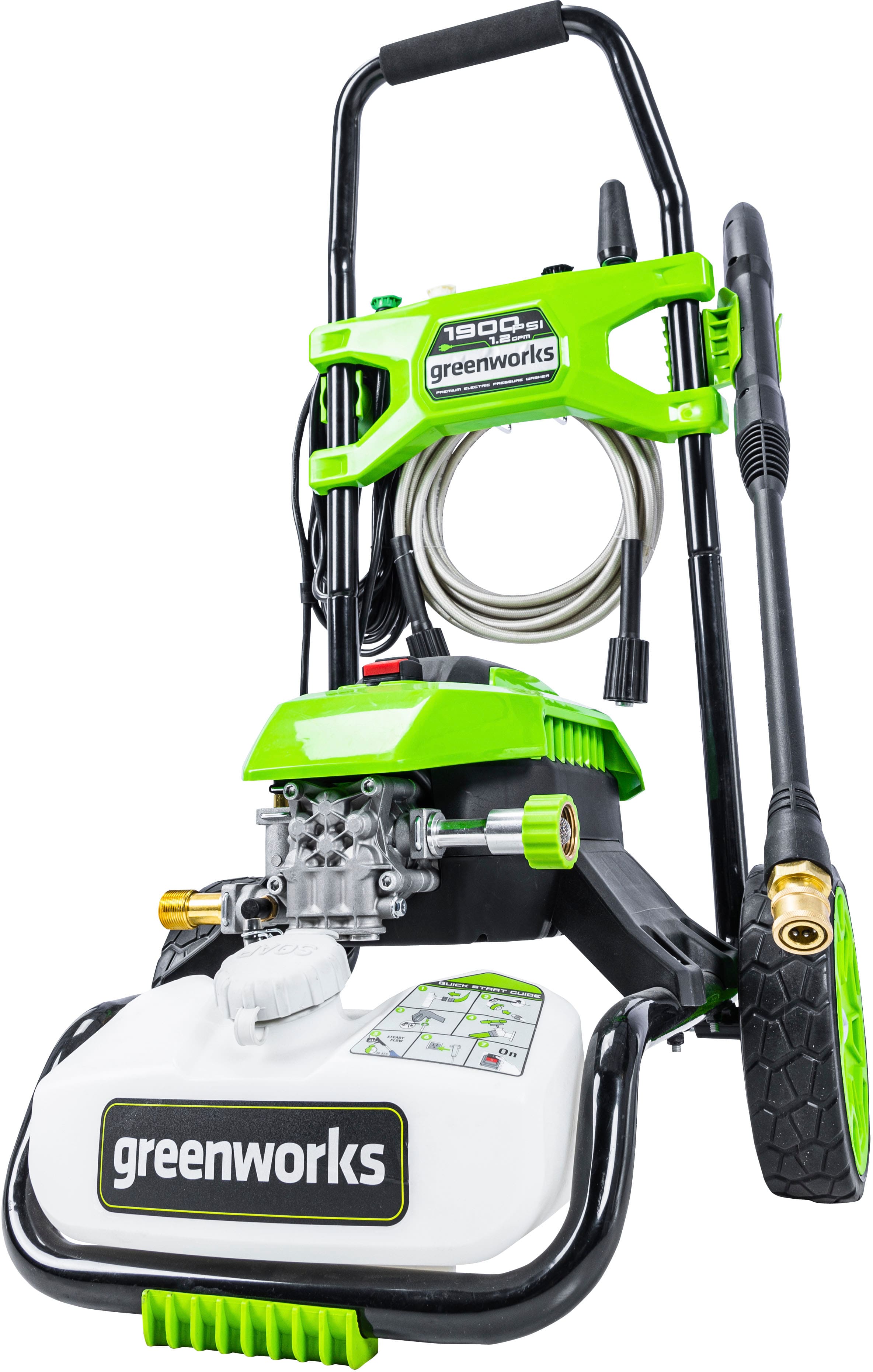 The image features a pressure washer with a green and black color scheme. The pressure washer is equipped with a hose and a spray nozzle, which is designed to clean and remove dirt and stains from various surfaces. The Greenworks brand is prominently displayed on the pressure washer, indicating its manufacturer. The pressure washer is ready to be used and is likely to be a popular choice for homeowners and professionals alike.