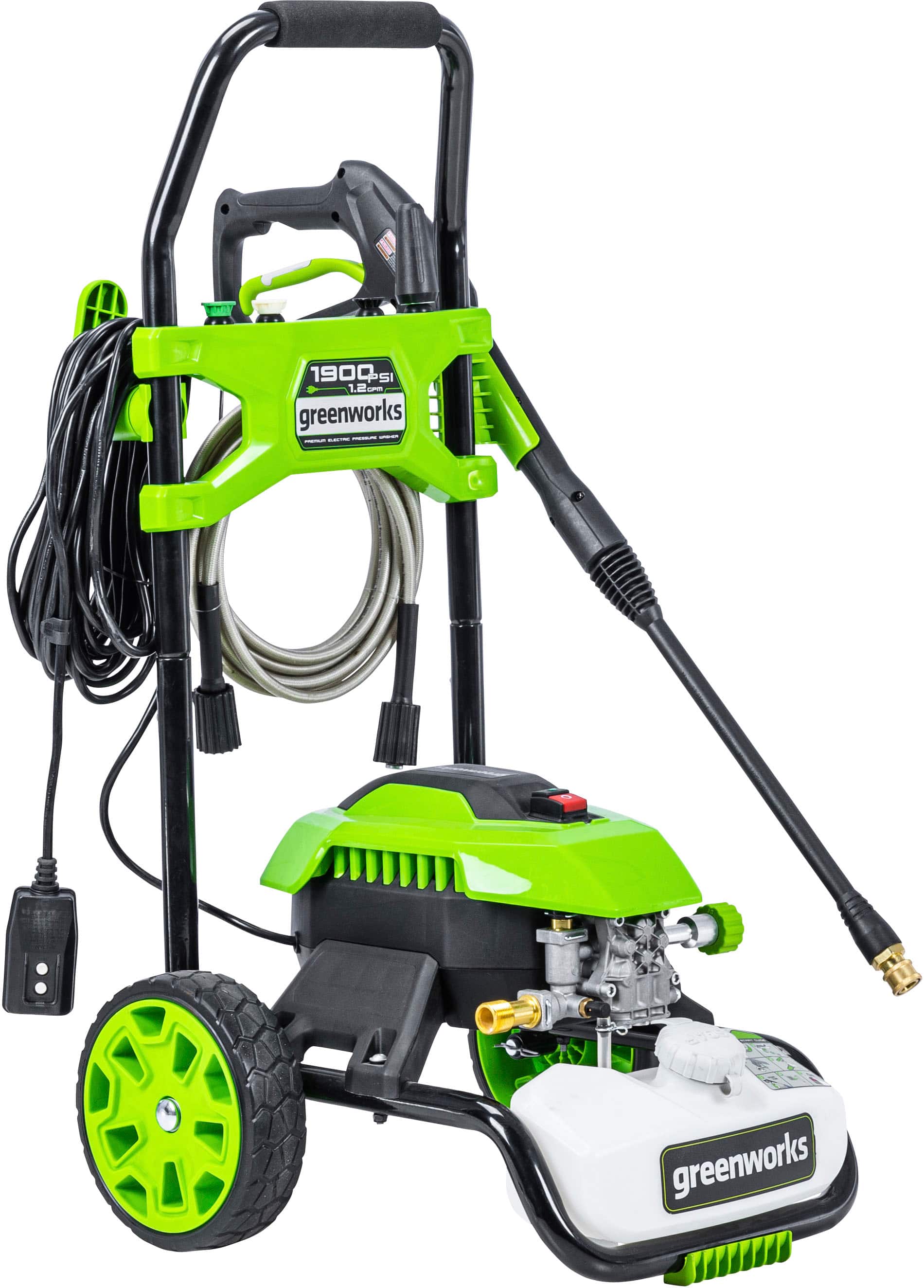 The image features a green and black pressure washer, which is a type of cleaning equipment. The pressure washer is designed to clean surfaces by spraying high-pressure water, making it an effective tool for removing dirt, grime, and stains. The machine is equipped with a hose and a spray nozzle, allowing users to direct the water stream to specific areas. The green and black color scheme of the pressure washer adds a touch of vibrancy to the scene, making it stand out against the white background.
