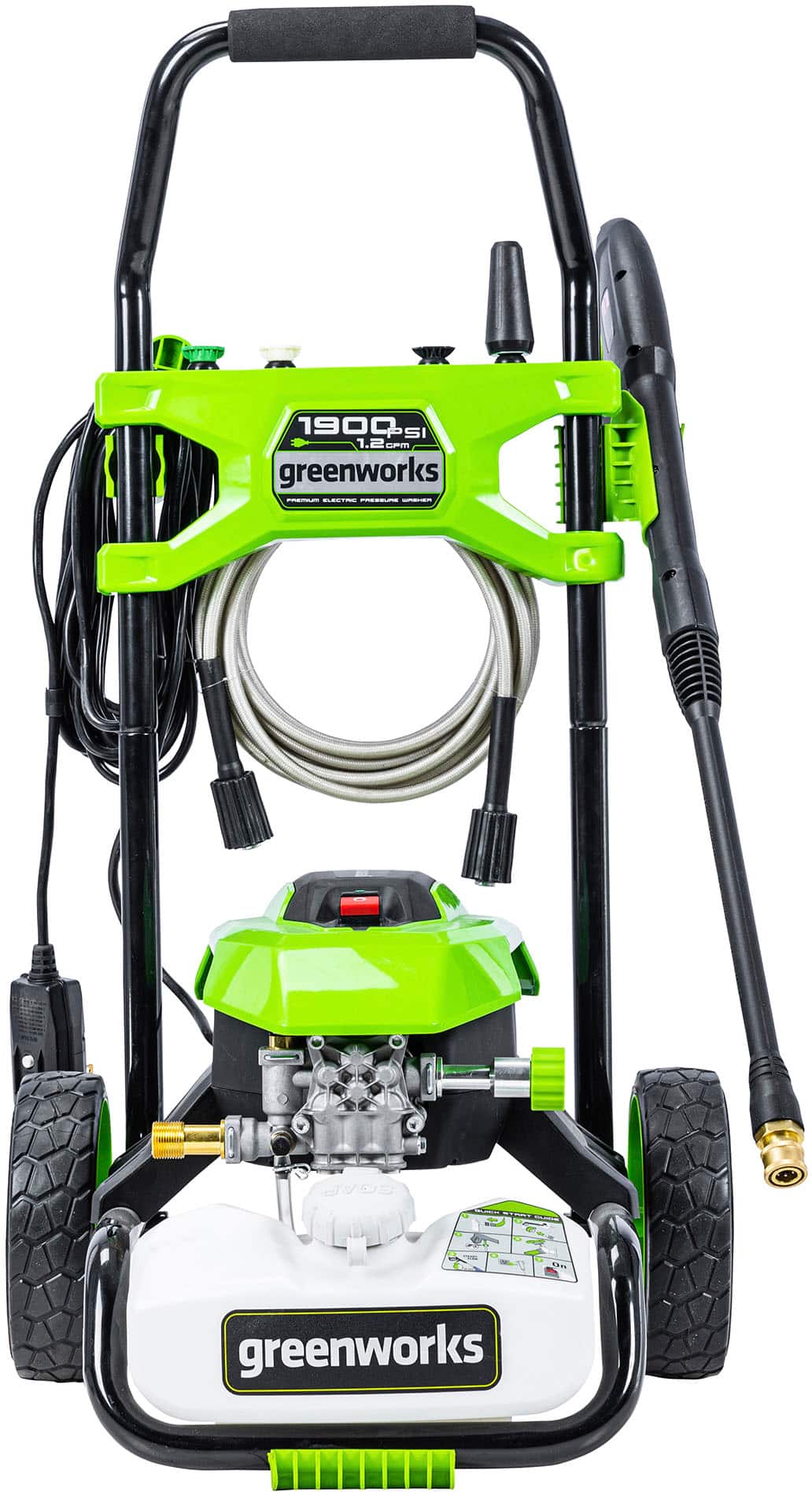 The image features a green pressure washer with a hose and a nozzle attached to it. The pressure washer is designed to clean and maintain various surfaces, such as driveways, sidewalks, and buildings. The green color of the pressure washer and the hose indicates that it is a product of the Greenworks brand. The pressure washer is ready to be used and is displayed in a clean, white background.