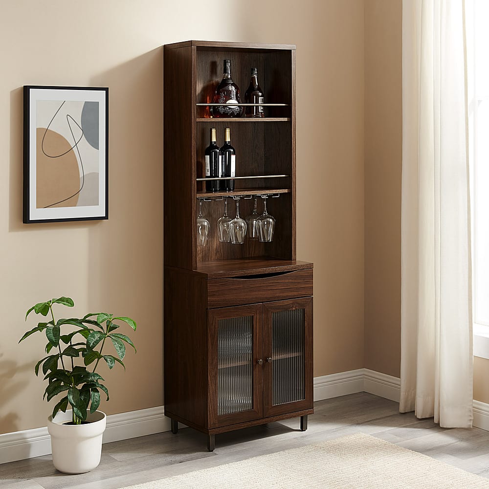 Best Buy: Walker Edison Contemporary Glass-Door Bar Cabinet Dark Walnut ...