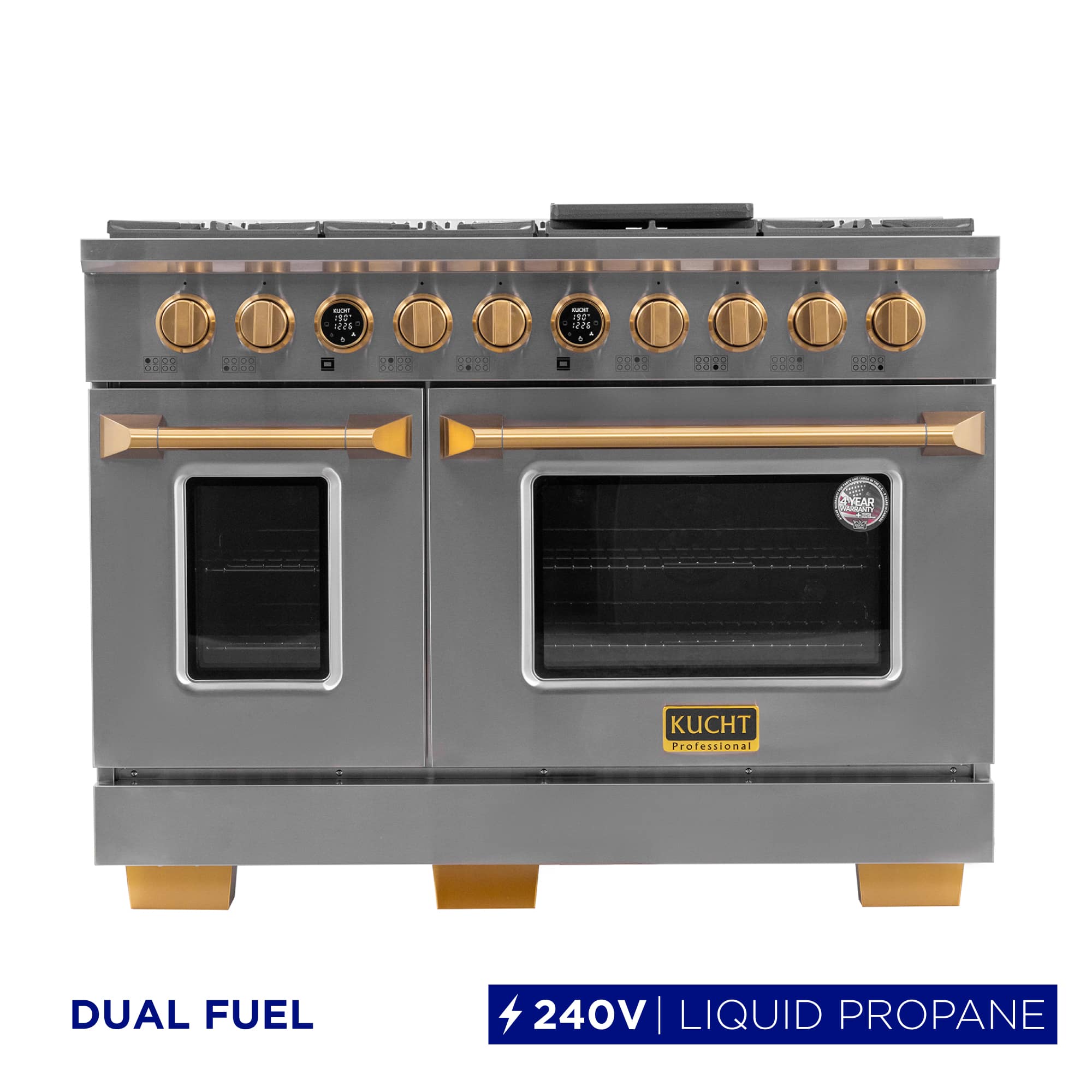 48 in. 6.7 cu. ft. Dual Fuel Range, 8 Burners, LP, SS w/ Gold Accents, Kucht Horus Thermostat - Stainless Steel & Gold