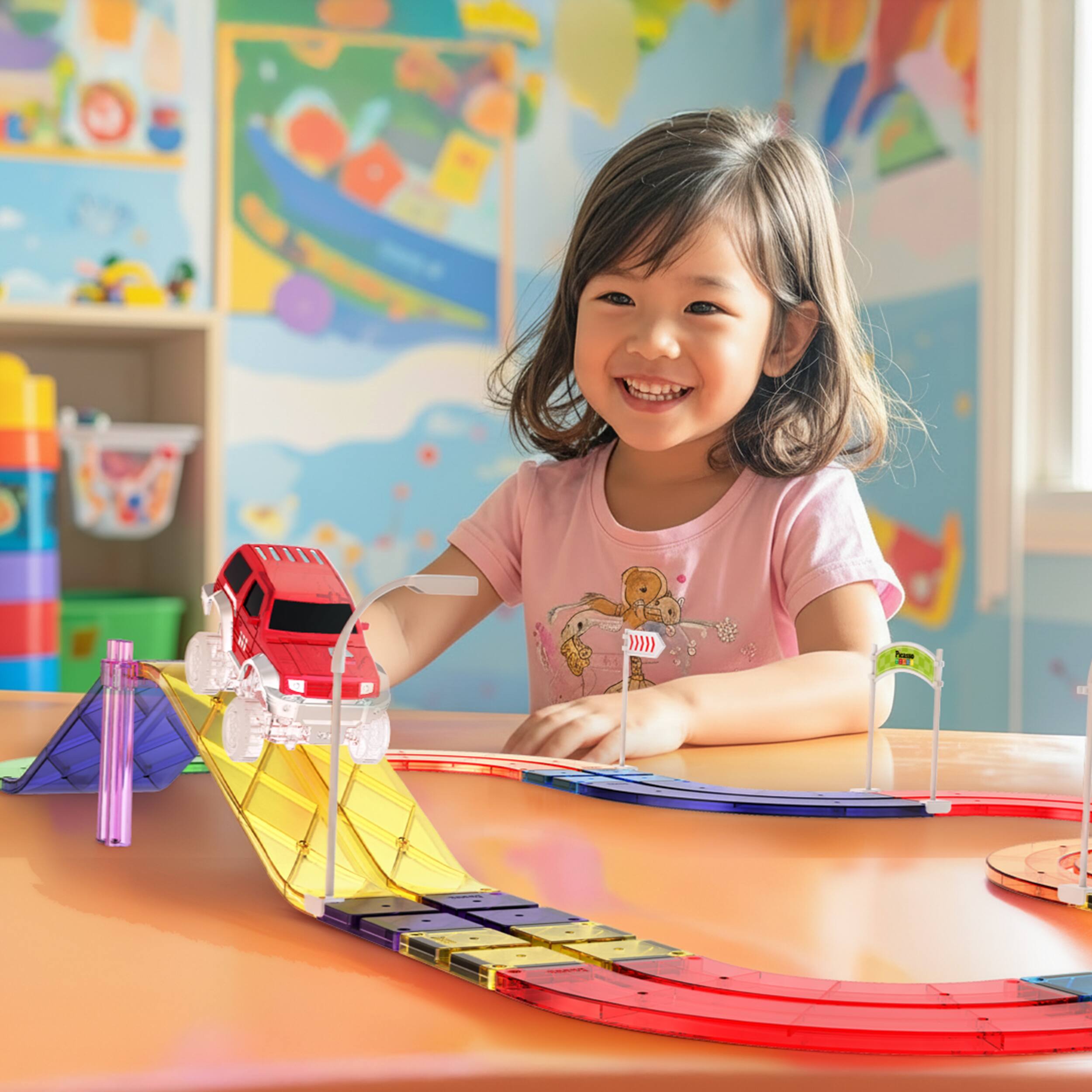 Alt View 1. PicassoTiles - PicassoTiles 47pcs Magnetic Tiles Race Track Playset with Cars & Traffic Accessories,  STEM Construction Toy for Kids.