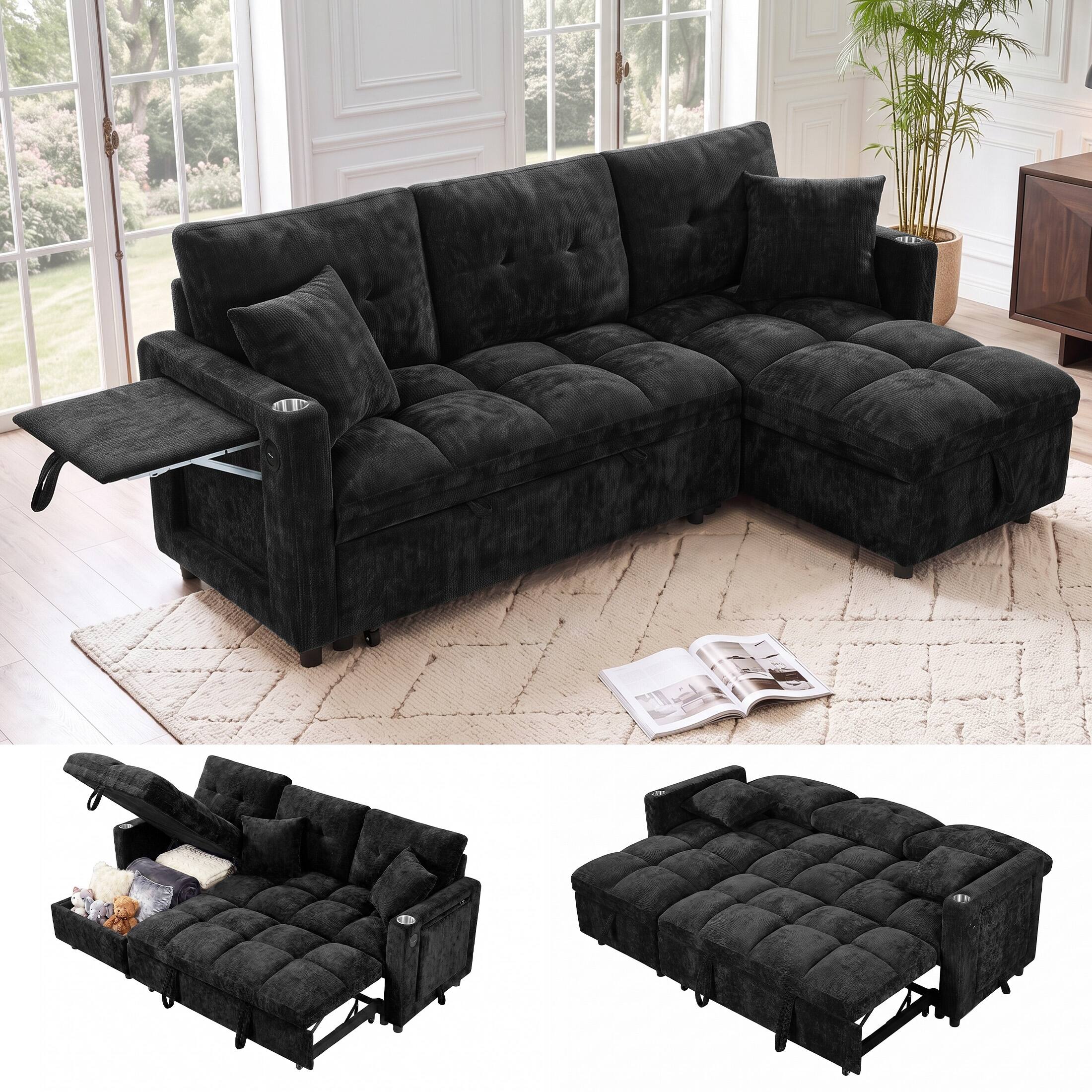 Angle. Anysun - Sectional Sleeper Sofa w/ Pull-Out Bed, Chenille Cloud Couch, Storage Chaise, USB, L-Shape Modular, Apartment - Black.