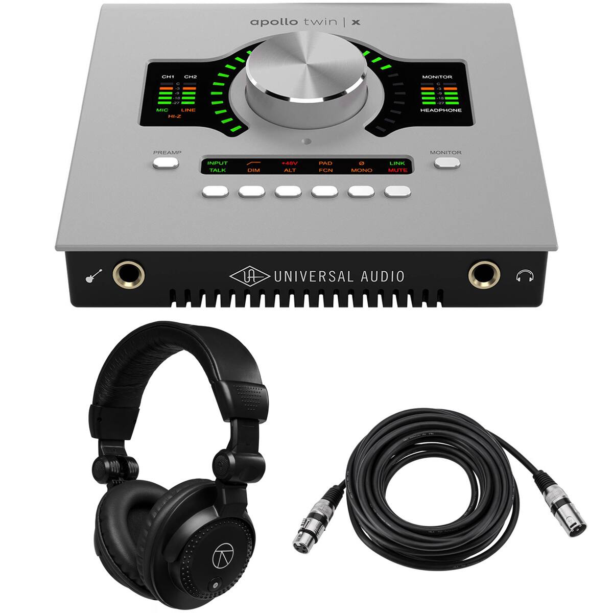apollo twin x  
E . - - -. -.. Mie LIE mI2 MONITOR HEADPHONE PREAMP MONITOR INPUT TALK DM Vila+ ALT PAD FCN C MONO L.MIS MUTE LA UNIVERSAL AUDIO