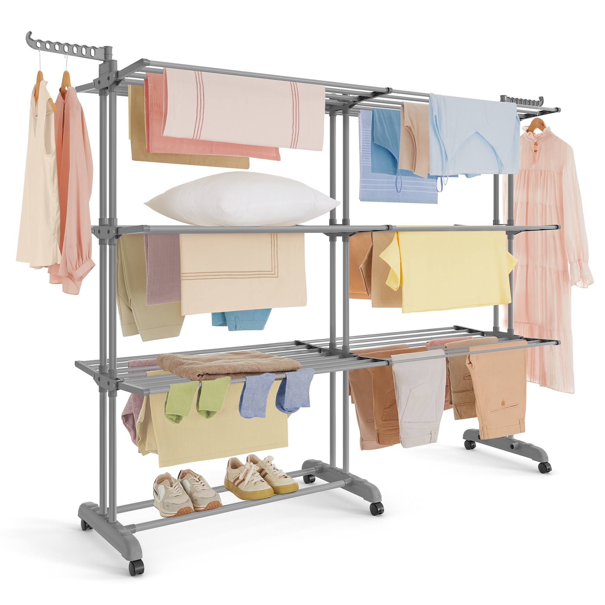Front. Songmics Home - Clothes Drying Rack 4-Tier, Foldable Laundry Drying Rack 69.9-Inch Tall, Extendable Rods, Stainless Steel - Dove Gray.