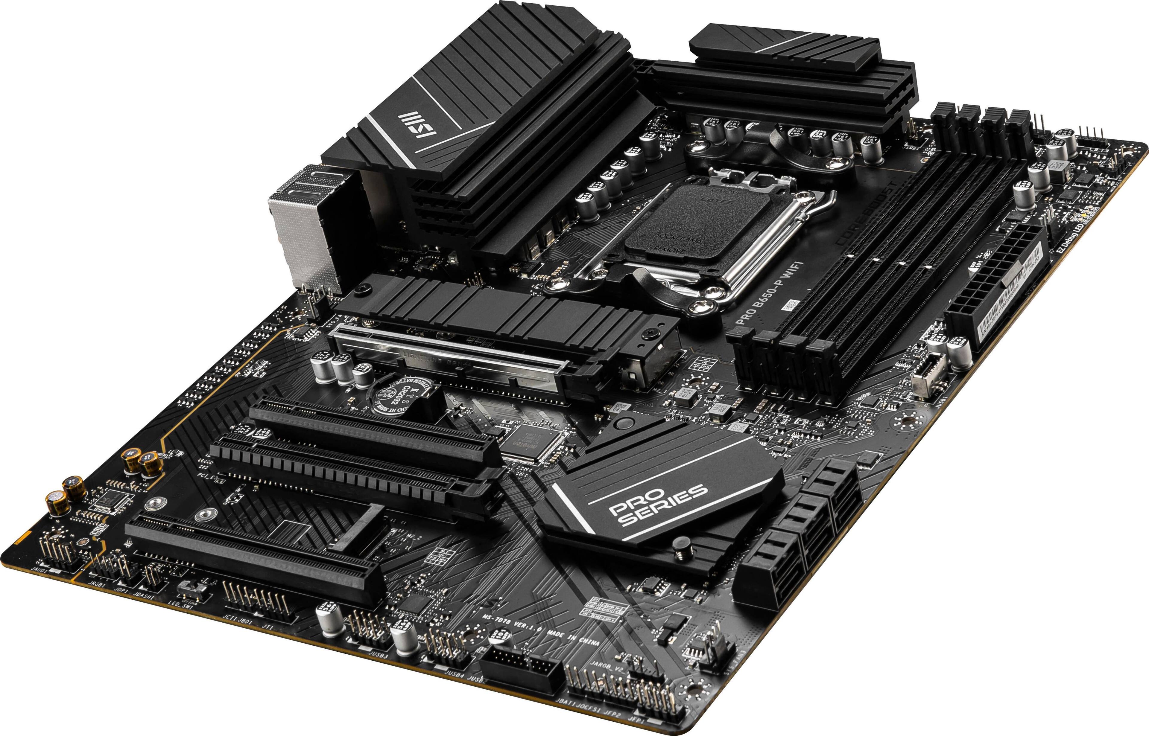 The text on the image reads: "B WIFI 650- PRO E 150083 COR F  2 EZ. DebugLED   T  NIEI $1  n 202 9,Pgg s aua    2A MI 1 HI PRO SERIES  Ar 7018 E:1  MADE 18 COEMA P JARGD JRL". This text appears to be a combination of various technical terms and phrases related to the computer hardware and its components. It is not possible to group or correct this text without more context or information about the specific product or system.