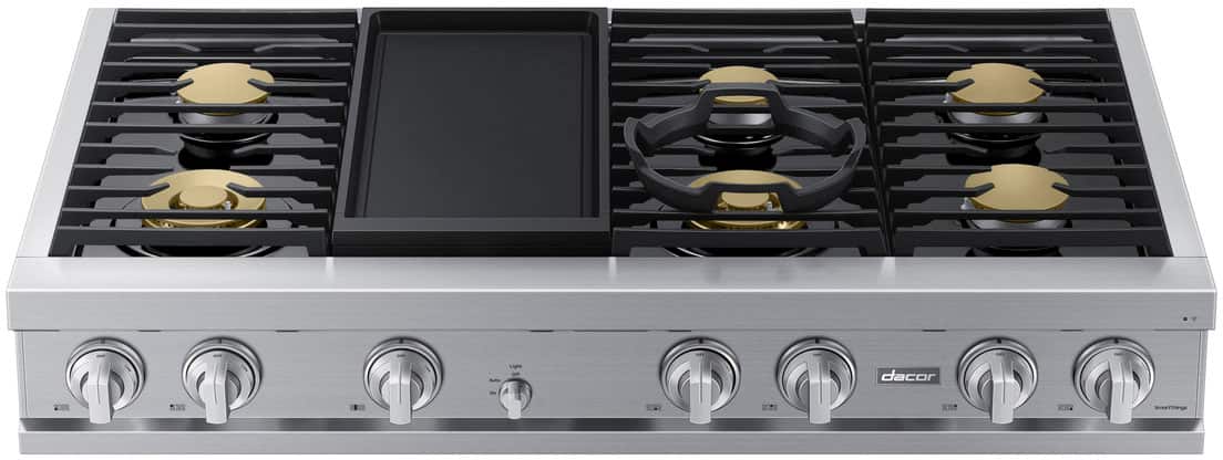Angle. Dacor - Transitional 48" Built-In Gas Rangetop with 6 Burners and Griddle - Silver Stainless Steel.