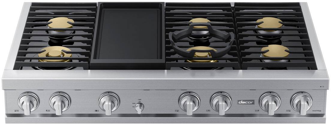 Angle. Dacor - 48" Built-In Gas Rangetop with 6 Burners and Griddle - Silver Stainless Steel.