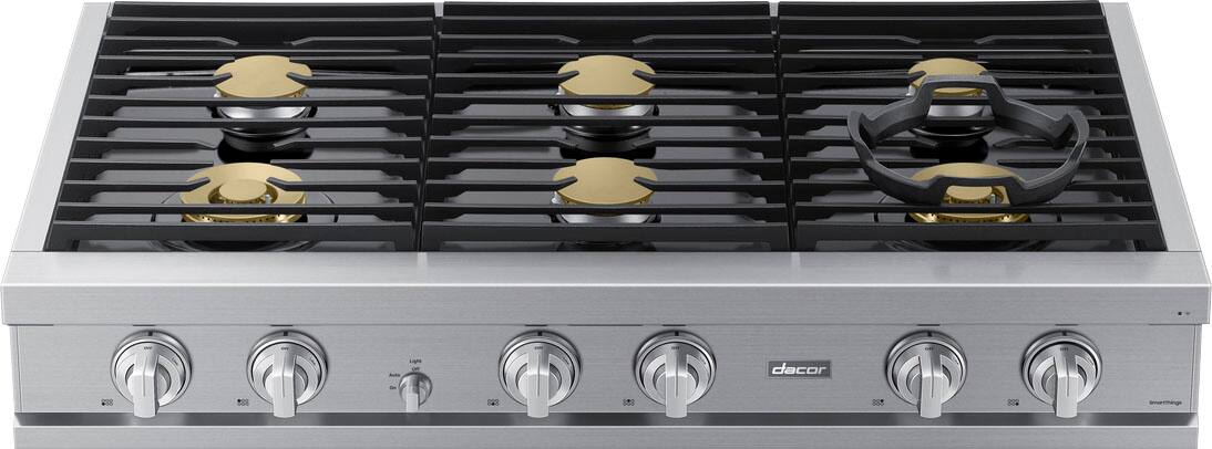 Angle. Dacor - 48" Built-In Gas Rangetop with 6 Burners - Silver Stainless Steel.
