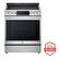 The image features a large LG stainless steel electric range oven with a stove top. The oven is a part of the LG line of appliances, known for their reliability. The oven is displayed in a white background, with a close-up view of the stove top. The stove top has a black background, making the oven stand out as the main focus of the image.