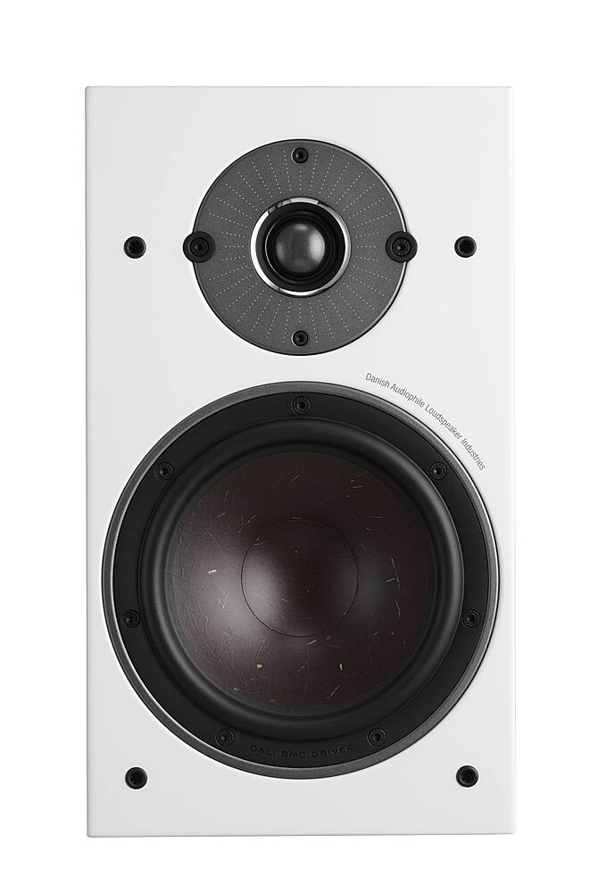 A pair of white speakers with black grills.