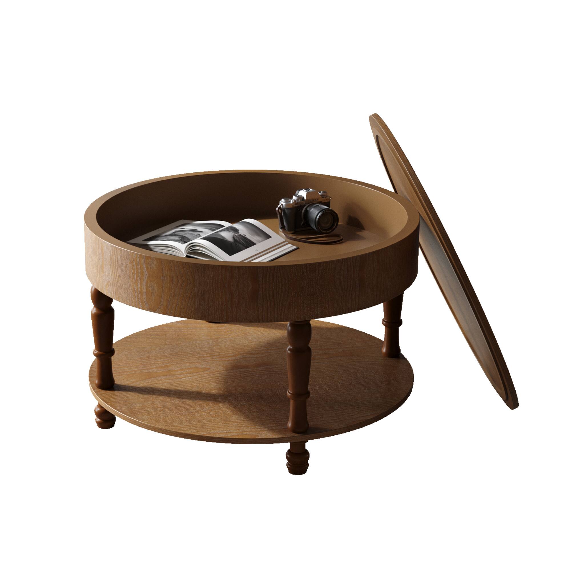 Back. Lirago - 32" Modern Round Coffee Table Walnut with Dual Storage Hidden Compartment Adjustable Leveling Feet - Brown.