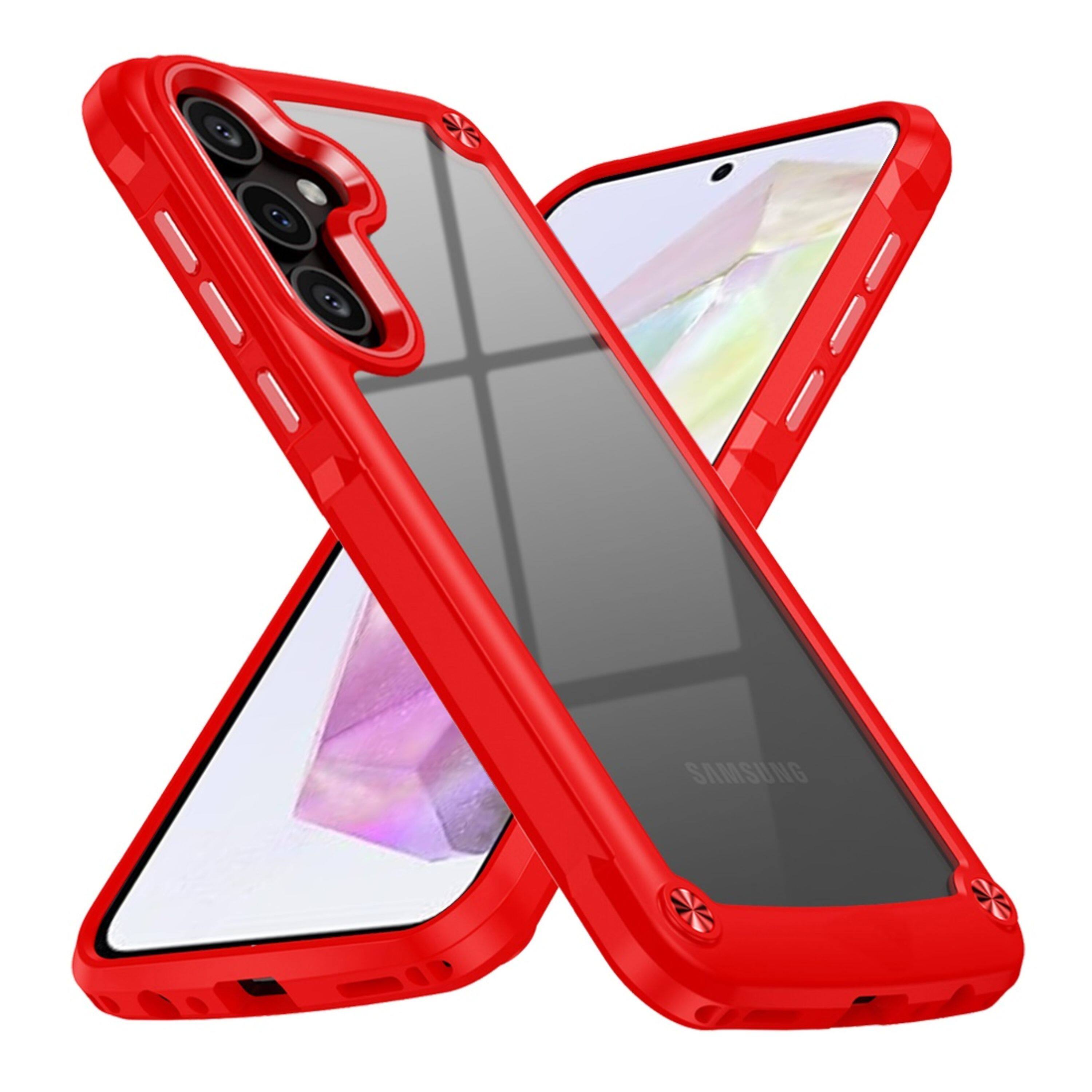Angle. Kitcheniva - Hybrid Metal Buttons Raised Camera Lip Phone Case With Tempered Glass For Samsung Galaxy A36/A56 Red - Red.