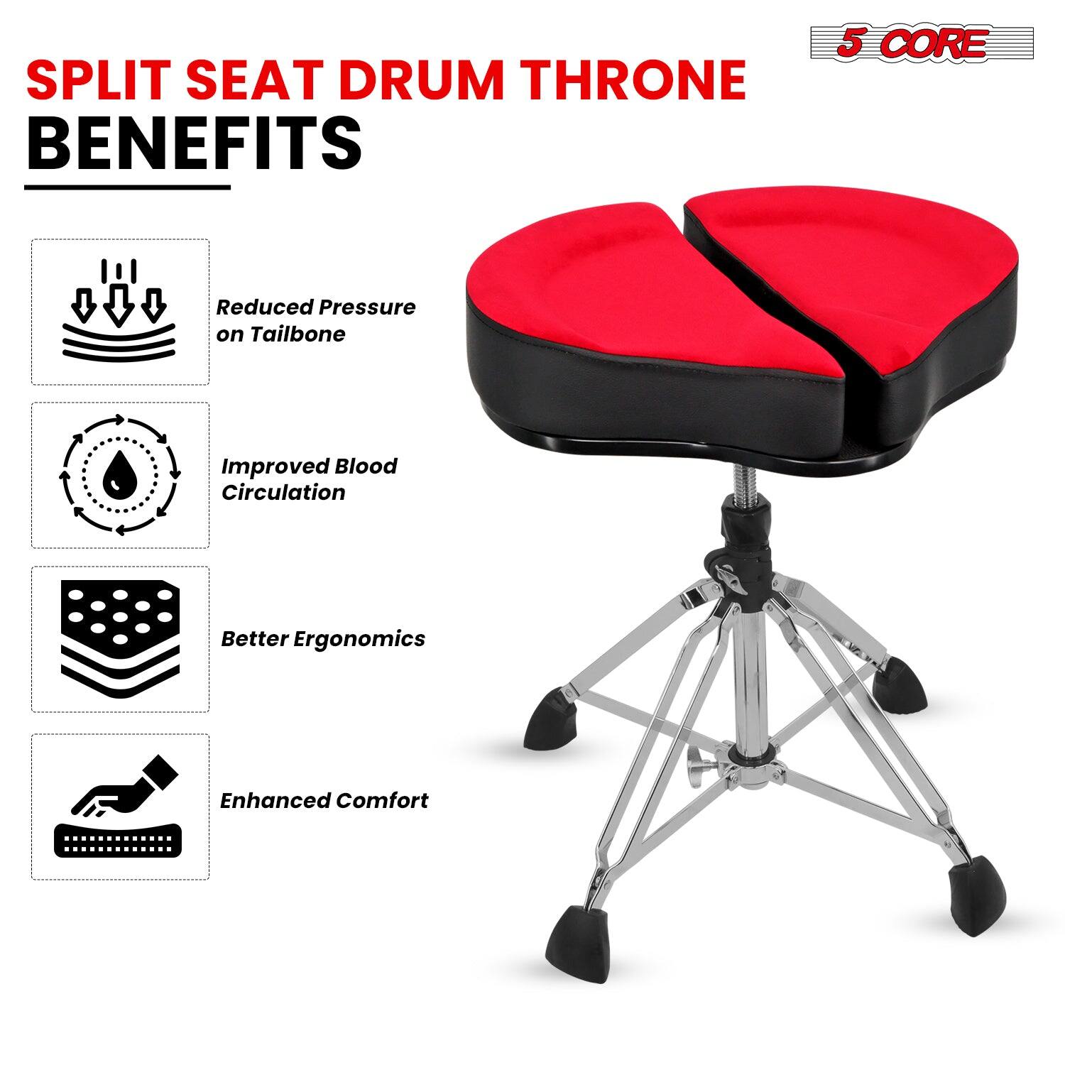 SPLIT SEAT DRUM THRONE BENEFITS

- Reduced Pressure on Tailbone
- Improved Blood Circulation
- Better Ergonomics
- Enhanced Comfort

5 CORE
