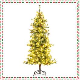 Costway - 6 FT Artificial Christmas Tree with 370 Branch & Needles 22 Pinecones & 200 Lights - Green