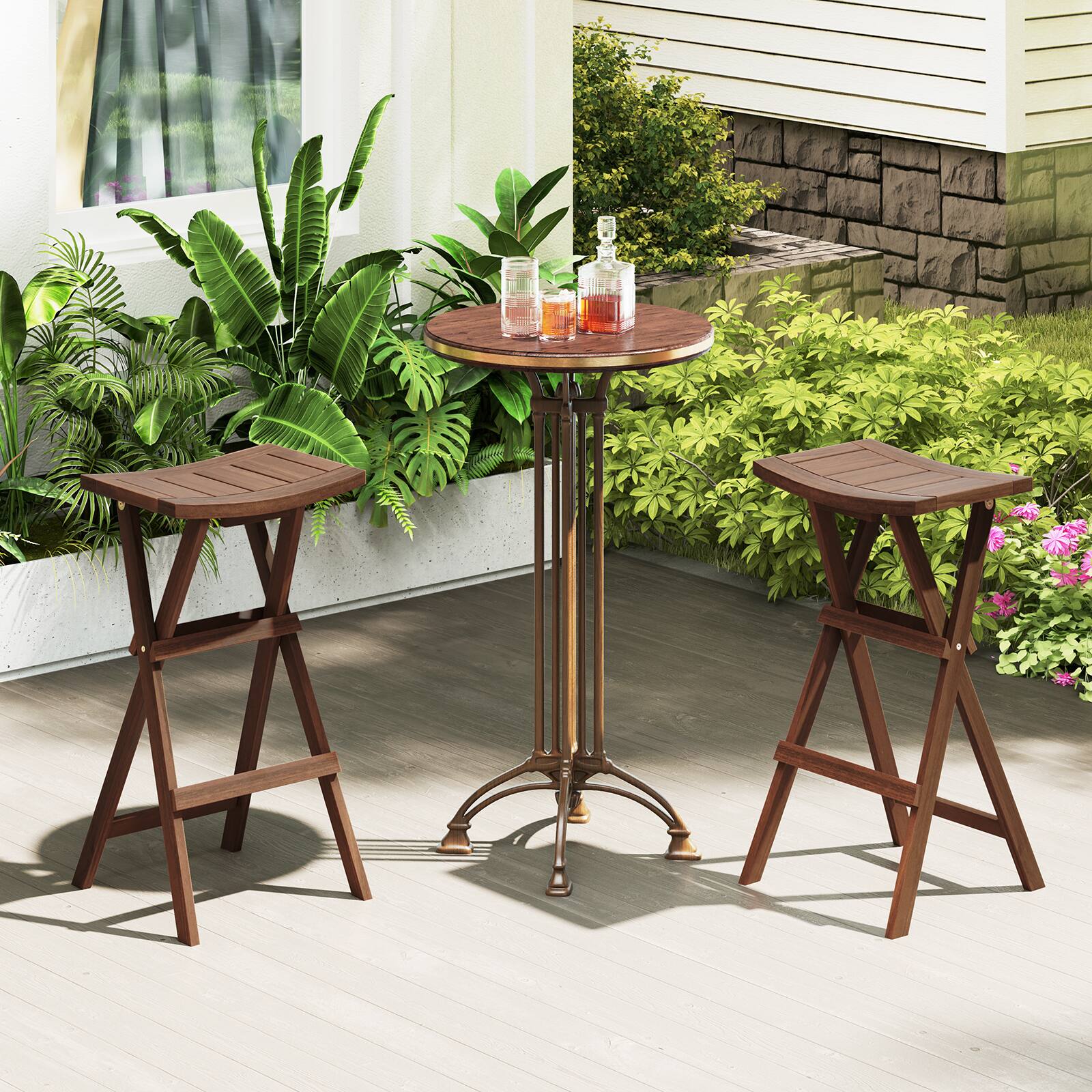 Alt View 3. Gymax - Gymax Bar Stools Set of 2 30'' Folding Bar Height Stools w/ Saddle Seat & Footrest - Teak.