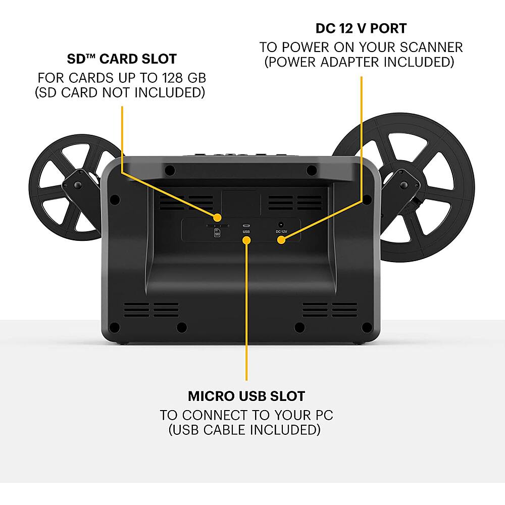 The image shows a device with various features, including a SD card slot for cards up to 128 GB, a DC 12 V port to power on your scanner, and a micro USB slot to connect to your PC. The device also has a display and a power adapter included.
