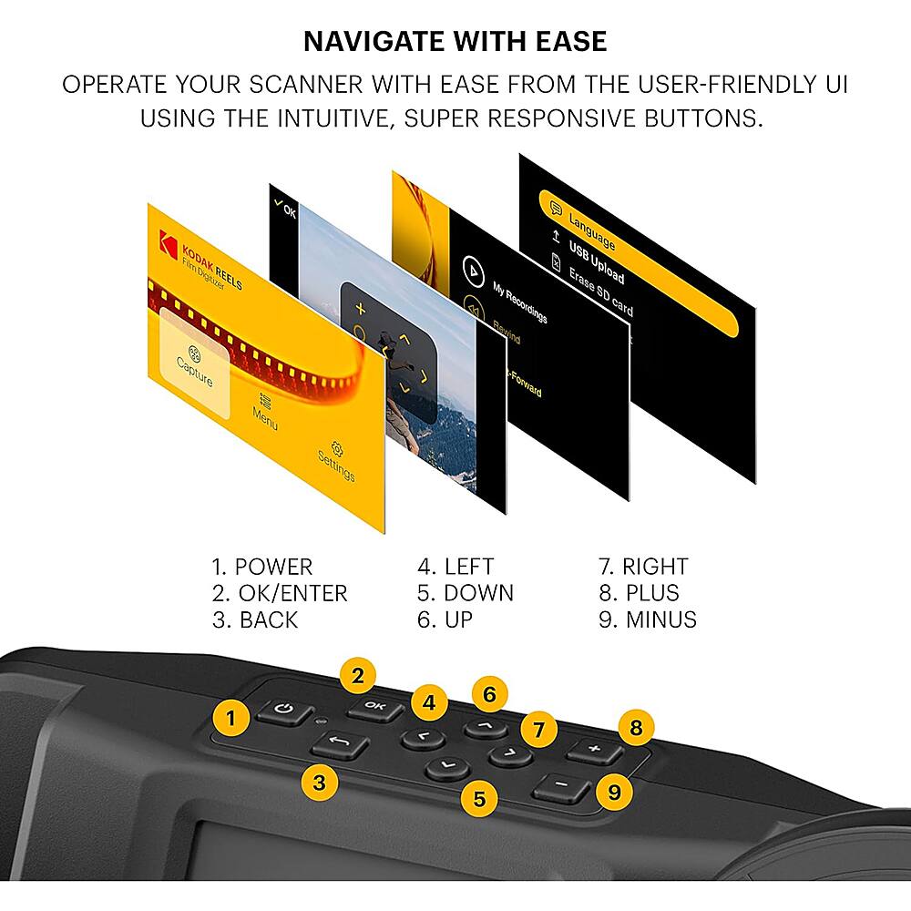 Navigate with Ease: Operate your scanner with ease from the user-friendly UI using the intuitive, super responsive buttons.

1. Power
2. OK/Enter
3. Back
4. Left
5. Down
6. Up
7. Right
8. Plus
9. Minus