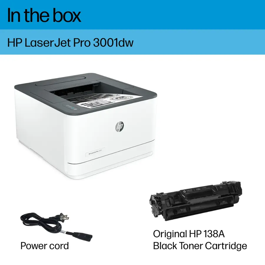 In the box, there is an HP LaserJet Pro 3001dw printer. The printer comes with a power cord and an original HP 138A black toner cartridge.