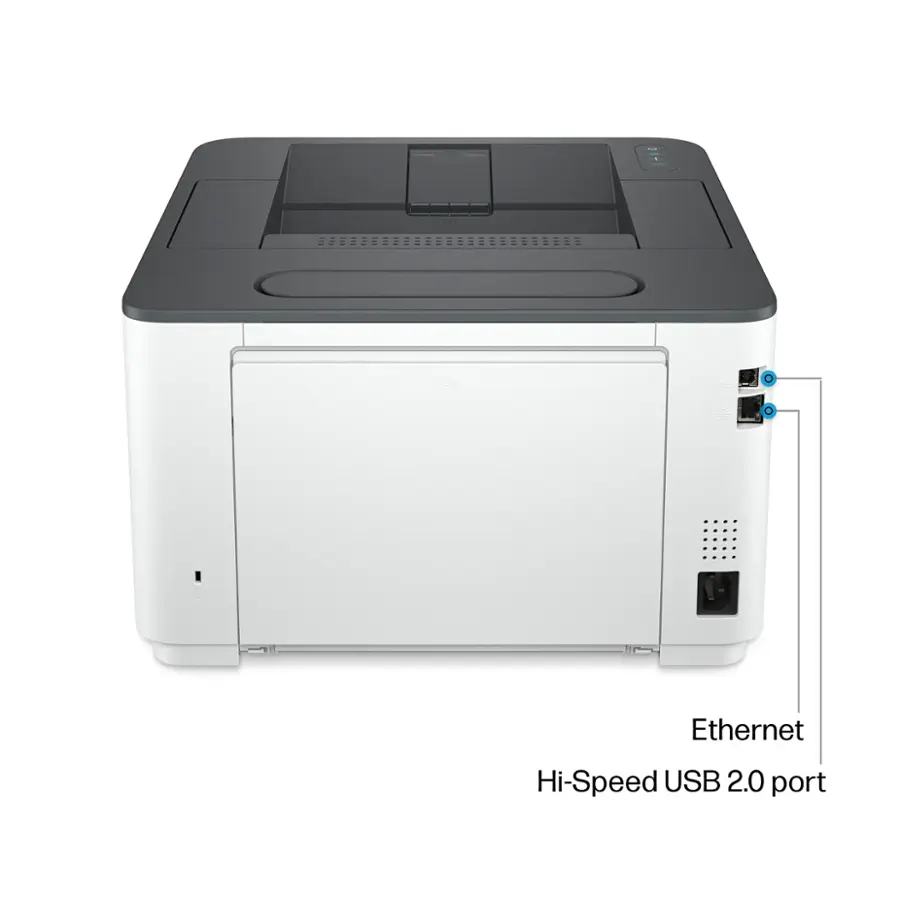The text on the image reads "4 Ethernet Hi-Speed USB 2.0 port." This information indicates that the printer has four Ethernet ports and one USB 2.0 port for connectivity.