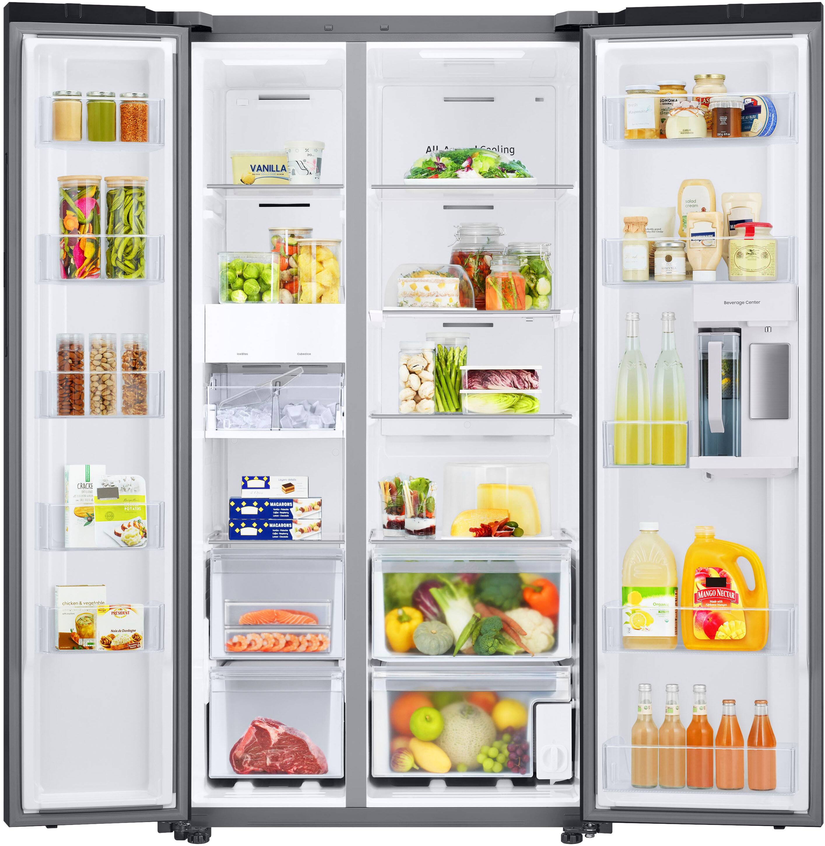 The image shows a refrigerator filled with various food items and drinks. The refrigerator is stocked with a variety of fruits, including apples and oranges, as well as vegetables such as broccoli. There are also several bottles of drinks, including juice and milk, and a few bottles of wine. The refrigerator is well-organized, with the food items and drinks placed in different compartments. The refrigerator is open, allowing us to see the full contents inside.