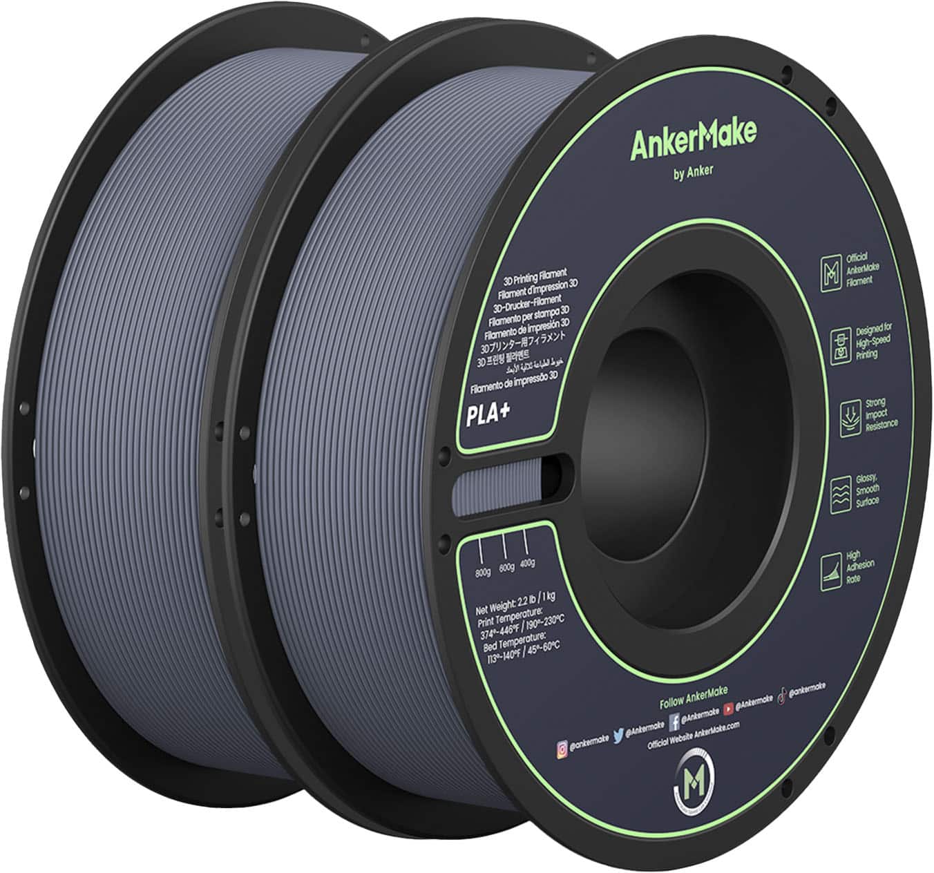 AnkerMake - 1.75 mm PLA Filament, Smooth, High-Adhesion Rate, Designed for High-Speed Printing, 2-Pack, 4.4 lbs/2kg - Gray - Front_Zoom