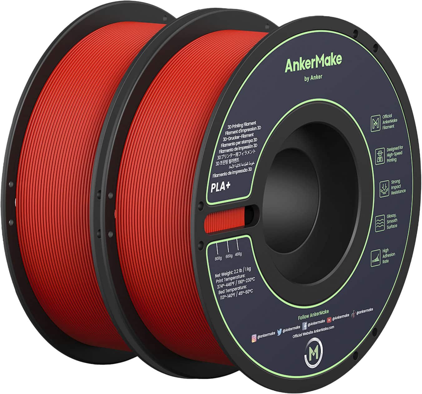 AnkerMake - 1.75 mm PLA Filament, Smooth, High-Adhesion Rate, Designed for High-Speed Printing, 2-Pack, 4.4 lbs/2kg - Red - Front_Zoom