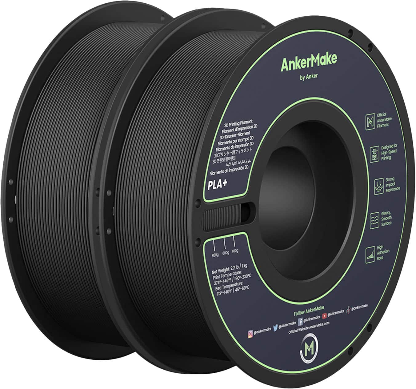 Front. AnkerMake - 1.75 mm PLA Filament, Smooth, High-Adhesion Rate, Designed for High-Speed Printing, 2-Pack, 4.4 lbs/2kg - Black.
