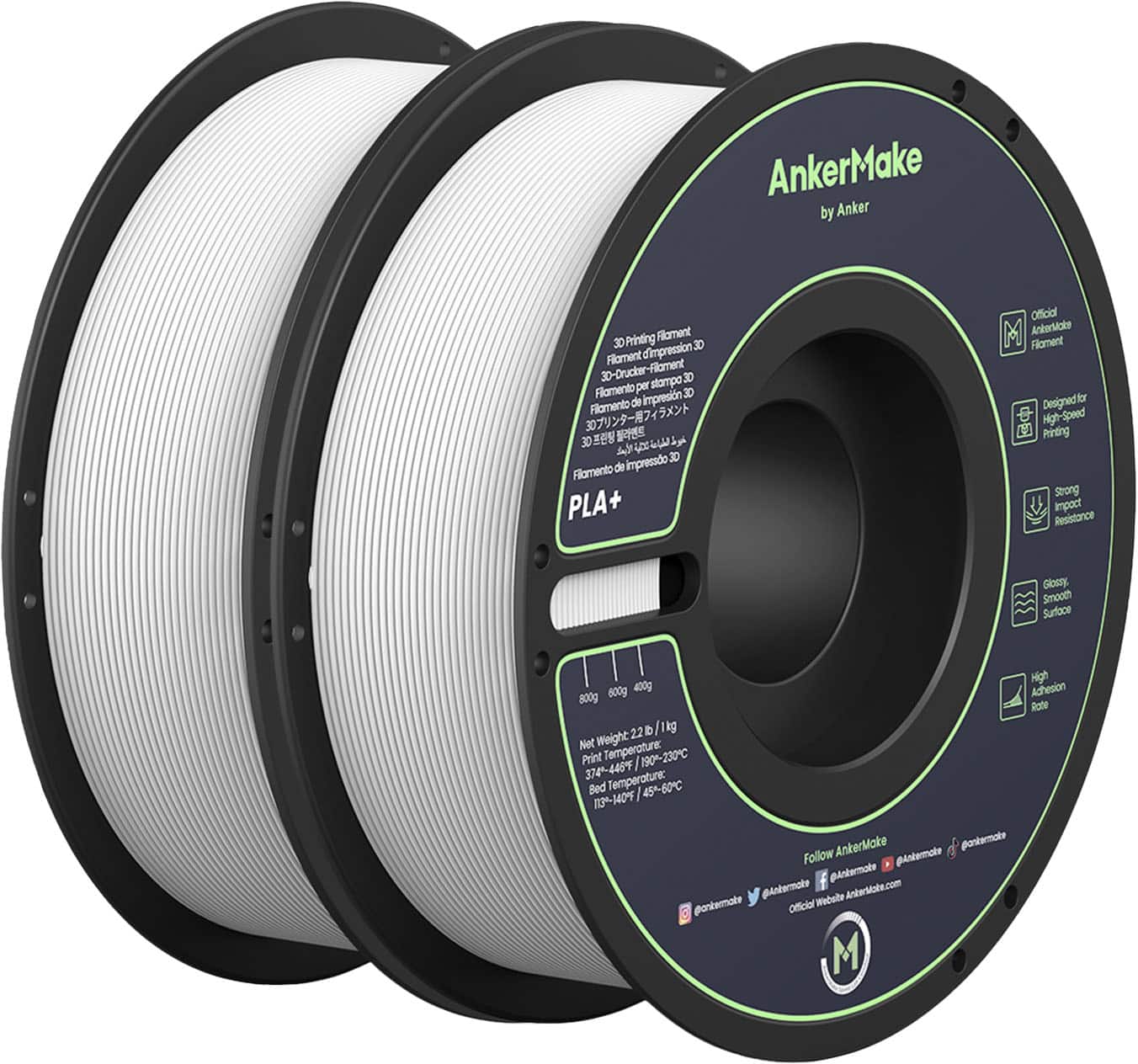 AnkerMake - 1.75 mm PLA Filament, Smooth, High-Adhesion Rate, Designed for High-Speed Printing, 2-Pack, 4.4 lbs/2kg - White - Front_Zoom