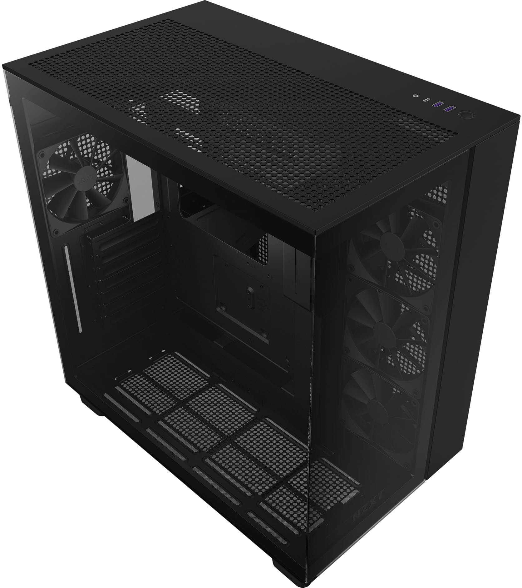 NZXT H9 FLOW Spacious mid-tower case featuring a high-airflow top panel, expansive cooling capacity, and a unique wraparound glass design.