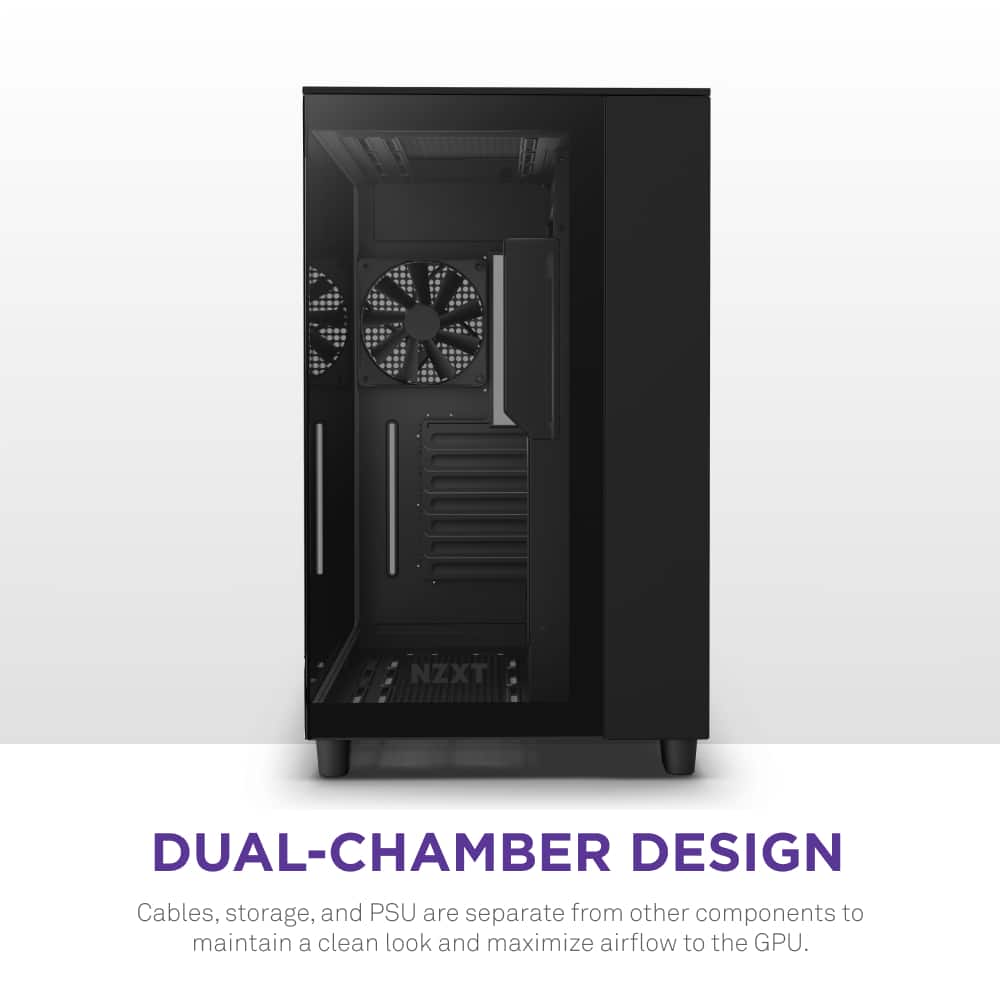 NZXT DUAL-CHAMBER DESIGN: Cables, storage, and PSU are separate from other components to maintain a clean look and maximize airflow to the GPU.