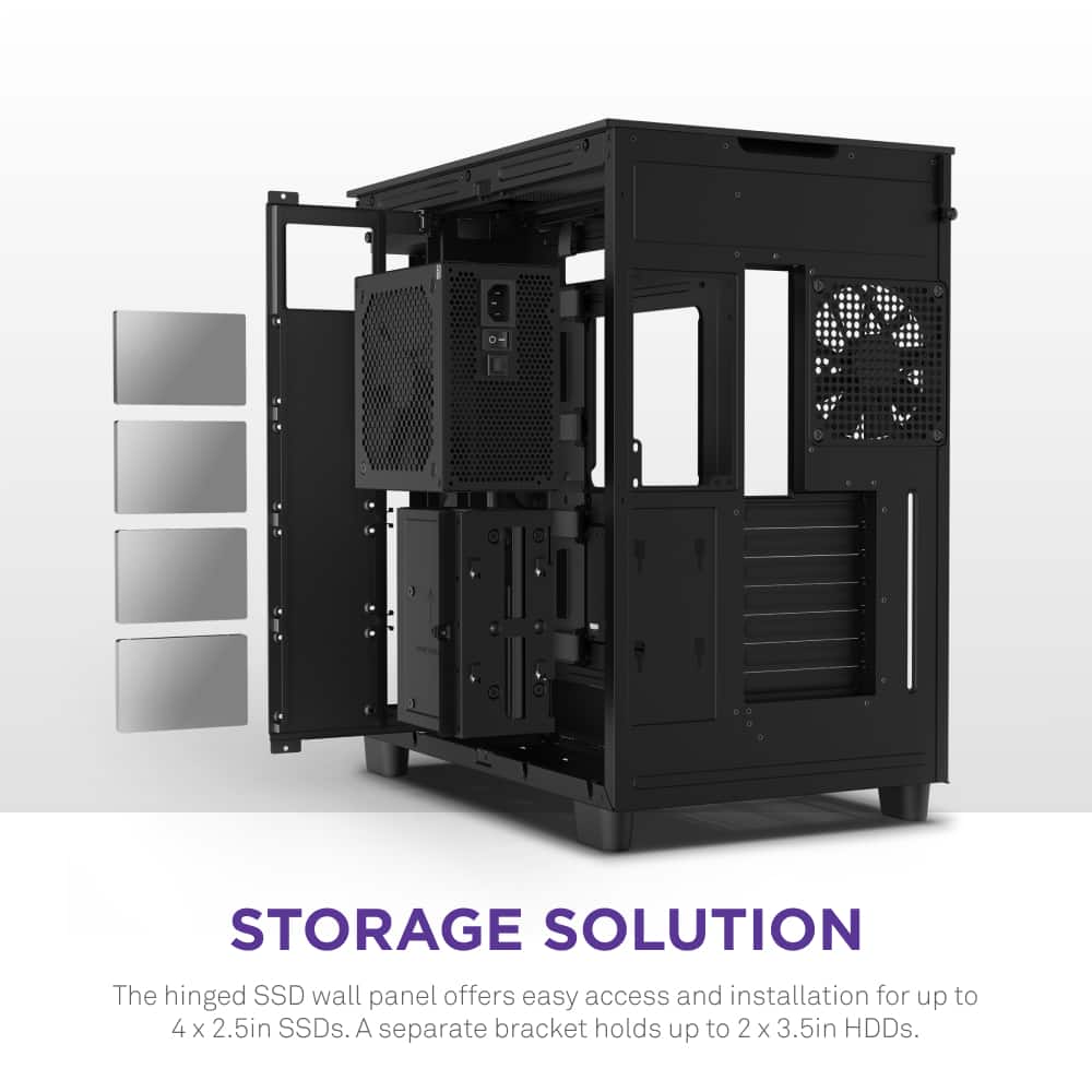 The storage solution showcased in the image is a hinged SSD wall panel that allows for easy access and installation of up to 4x 2.5in SSDs. Additionally, there is a separate bracket that can hold up to 2 x 3.5in HDDs. This setup provides a convenient and organized way to store and manage storage devices.