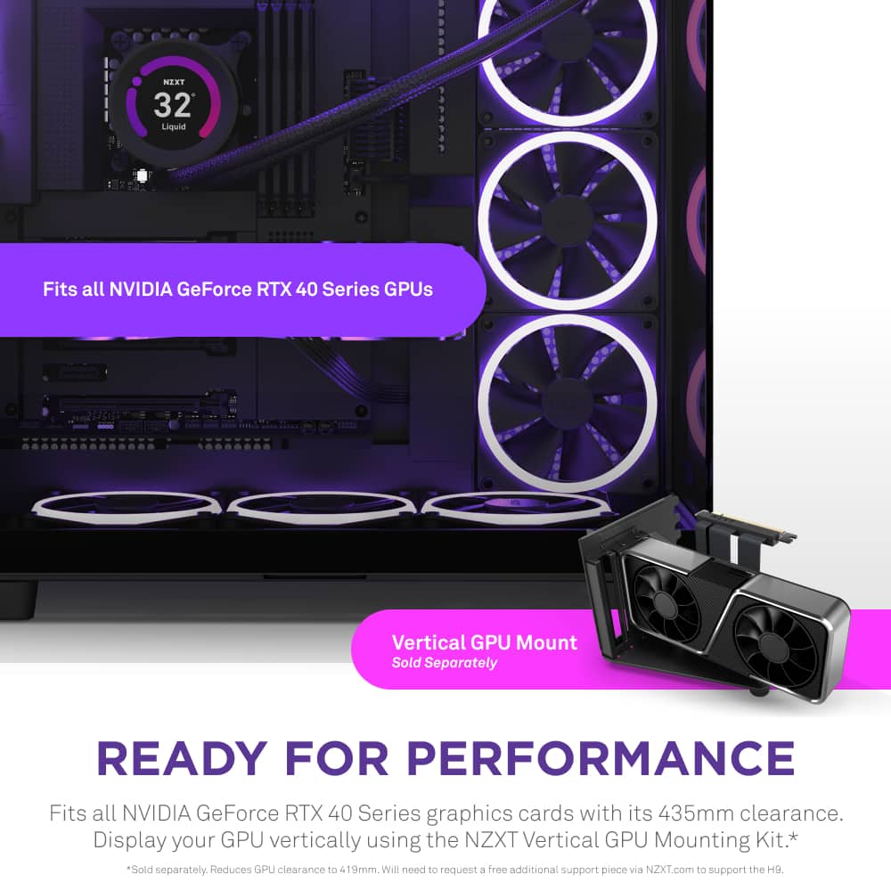 The image features a computer case with a purple background and a black and white design. The case is designed to fit all NVIDIA GeForce RTX 40 Series GPUs and comes with a vertical GPU mount. The case is advertised as being ready for performance and is suitable for displaying the GPU vertically using the NZXT Vertical GPU Mounting Kit, which is sold separately. The case has a clearance of 435mm, and customers may need to request a free additional support piece from NZXT.com to support the H9.