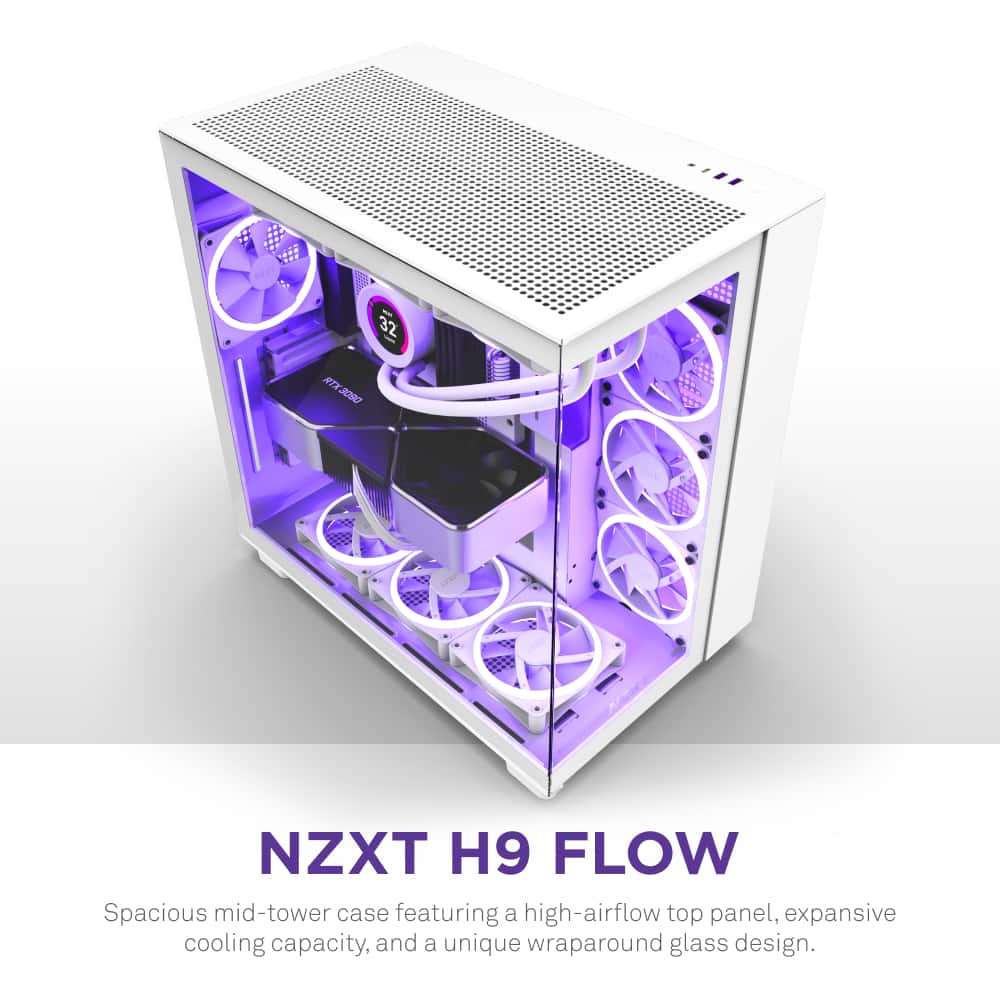 The text on the image reads: "32 - RTX3080 RTX NZXT H9 FLOW Spacious mid-tower case featuring a high-airflow top panel, expansive cooling capacity, and a unique wraparound glass design."