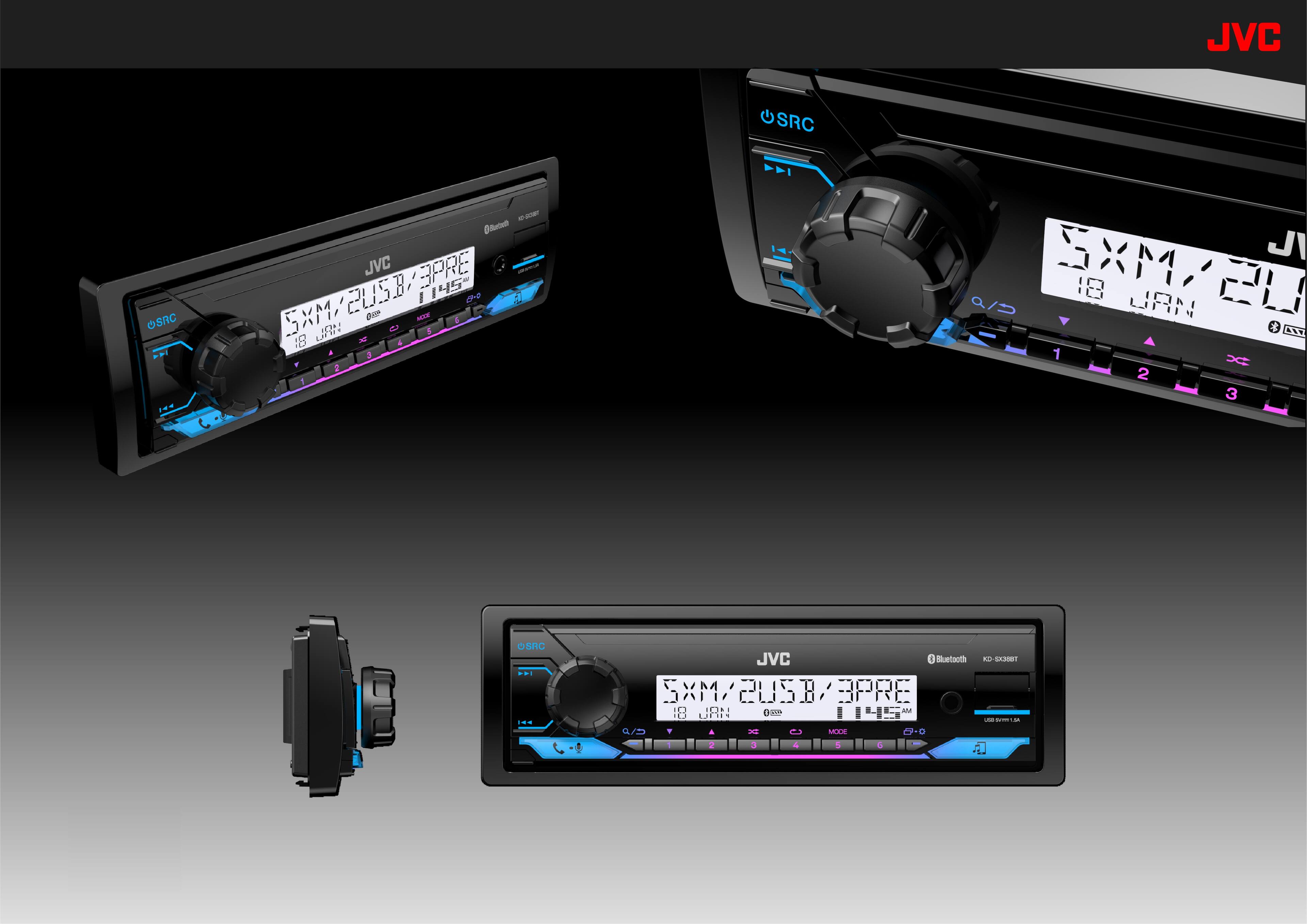 The image features a car stereo with a display screen that shows the time and the station name. The stereo is manufactured by JVC and has a USB port, allowing for easy connectivity to a smartphone or other devices. The stereo is designed to provide a convenient and user-friendly experience for the driver and passengers.