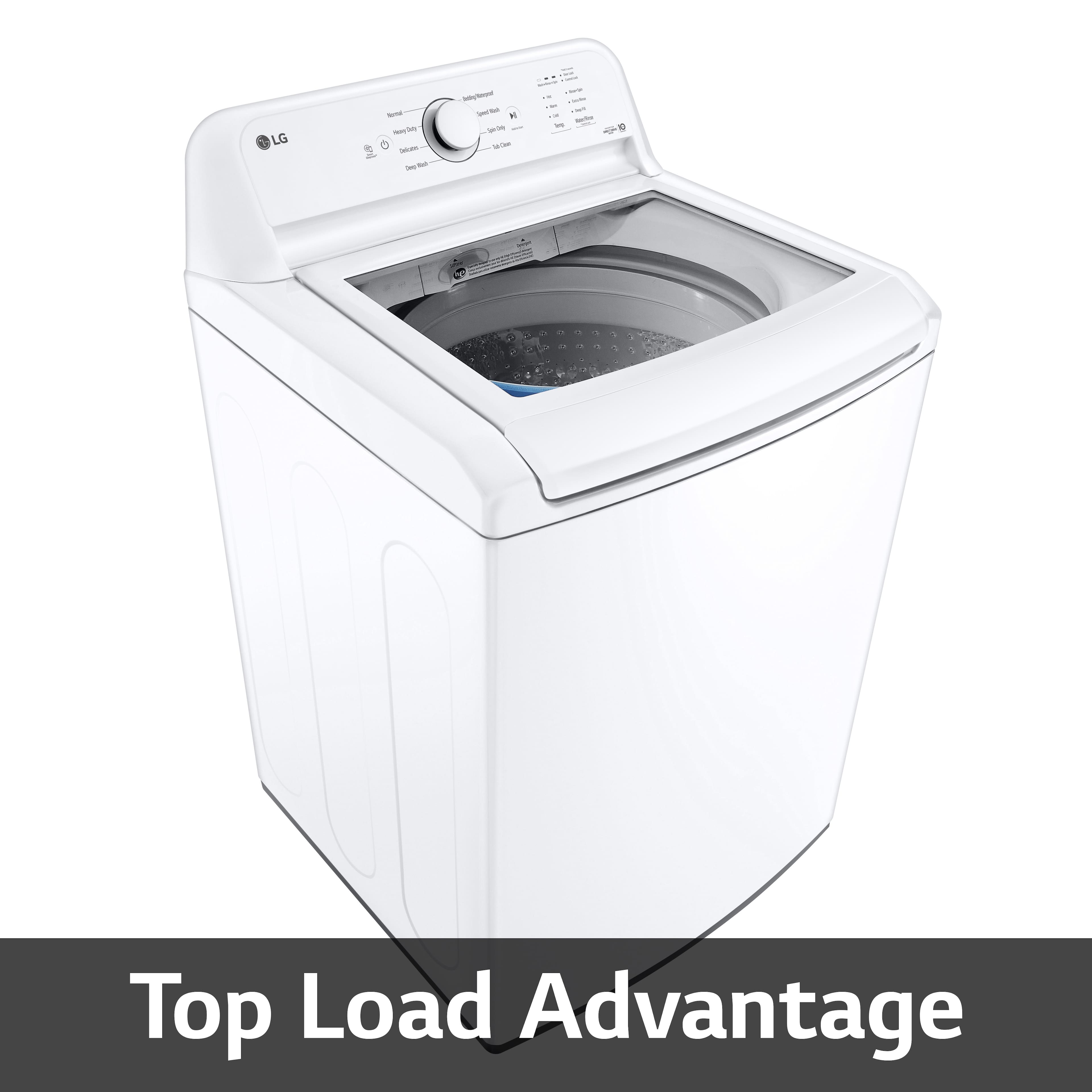 The image features a white LG top load washing machine with a large drum. The machine is designed to provide a top load advantage, which likely refers to its efficiency and performance. The washing machine is displayed against a white background, making it the main focus of the image.