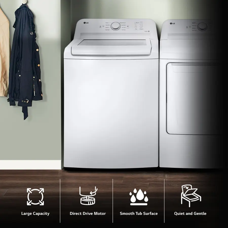 The image features a washer and dryer set placed in a room. The washer is positioned on the left side of the room, while the dryer is on the right side. The washer is described as having a large capacity, direct drive motor, and a smooth tub surface. The dryer is also described as having a large capacity and a quiet and gentle operation. The image is likely an advertisement for these appliances, showcasing their features and benefits.