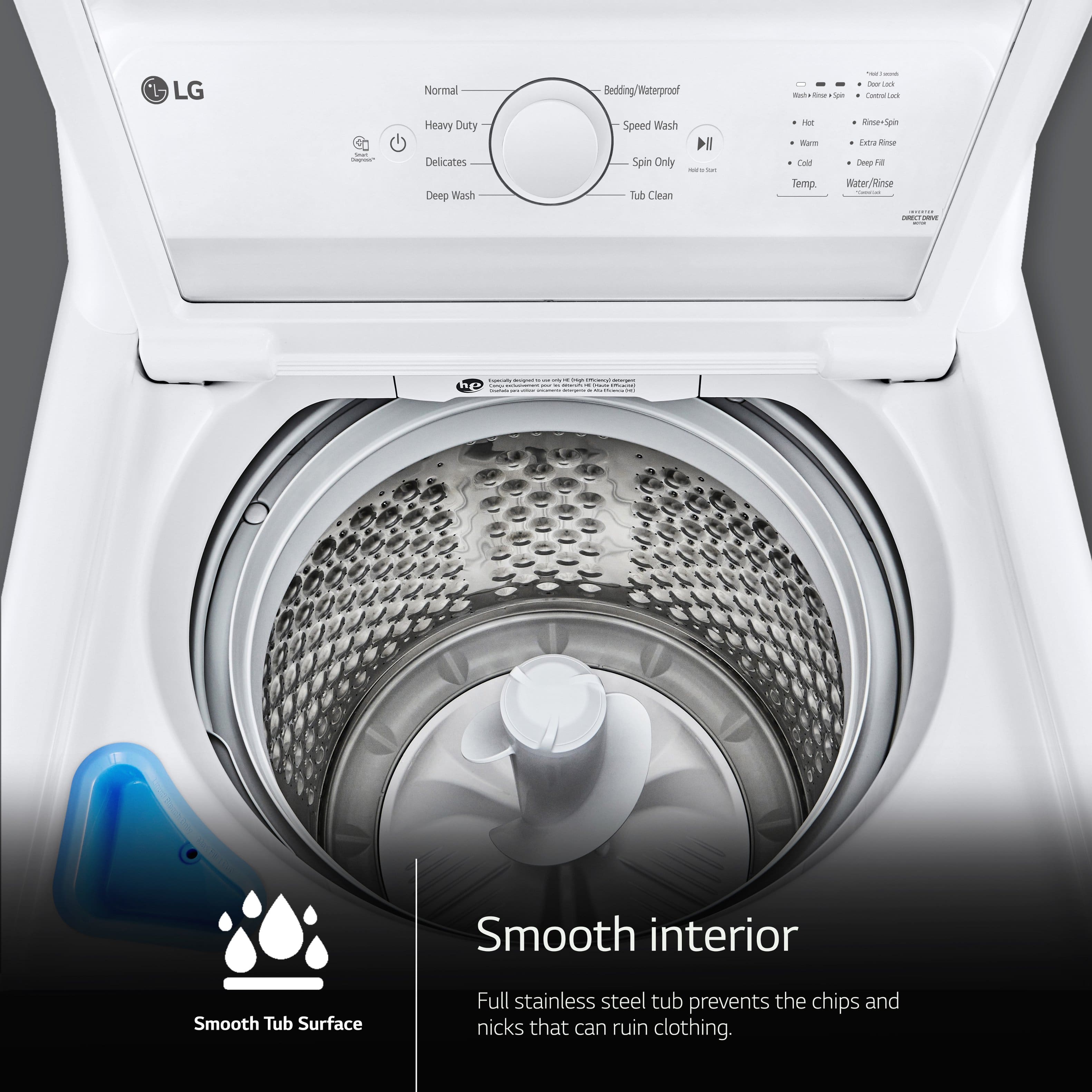 The image features a white LG washing machine with a smooth interior and a full stainless steel tub. The machine is designed to prevent chips and nicks that can ruin clothing, ensuring that the clothes are washed gently and efficiently. The washing machine is equipped with various features, such as a delicates cycle, a deep wash cycle, and a spin cycle, to cater to different types of laundry needs.