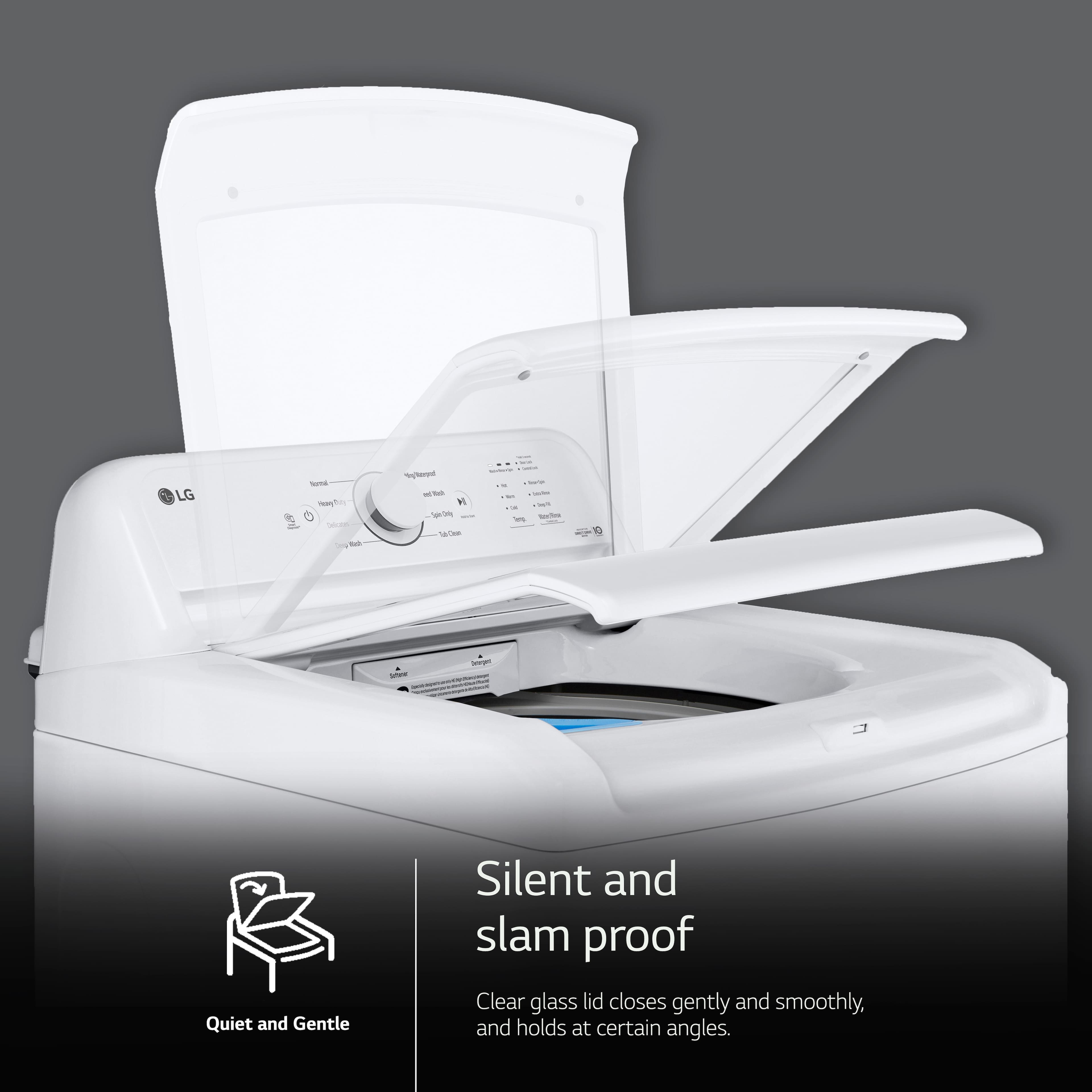 The image features a white LG washing machine with its lid open. The machine is described as quiet and gentle, with a silent and slam-proof design. The clear glass lid closes gently and smoothly, providing a secure and stable fit. The machine's design ensures that it holds at certain angles, providing a convenient and functional washing experience.