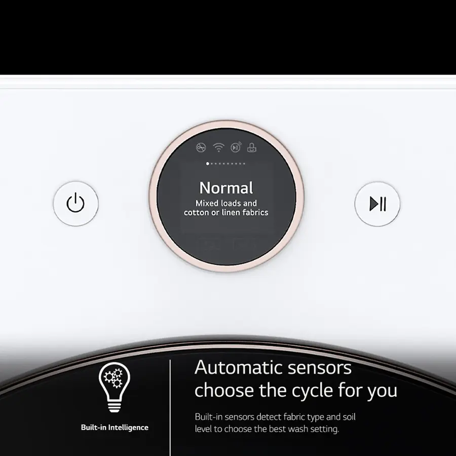 The image features a washing machine with a control panel and a button labeled "Normal." The machine is designed to handle mixed loads and cotton or linen fabrics, providing a convenient and efficient washing experience. The washing machine also has built-in intelligence and automatic sensors that choose the cycle for you, ensuring that the best wash setting is selected based on the fabric type and soil level.