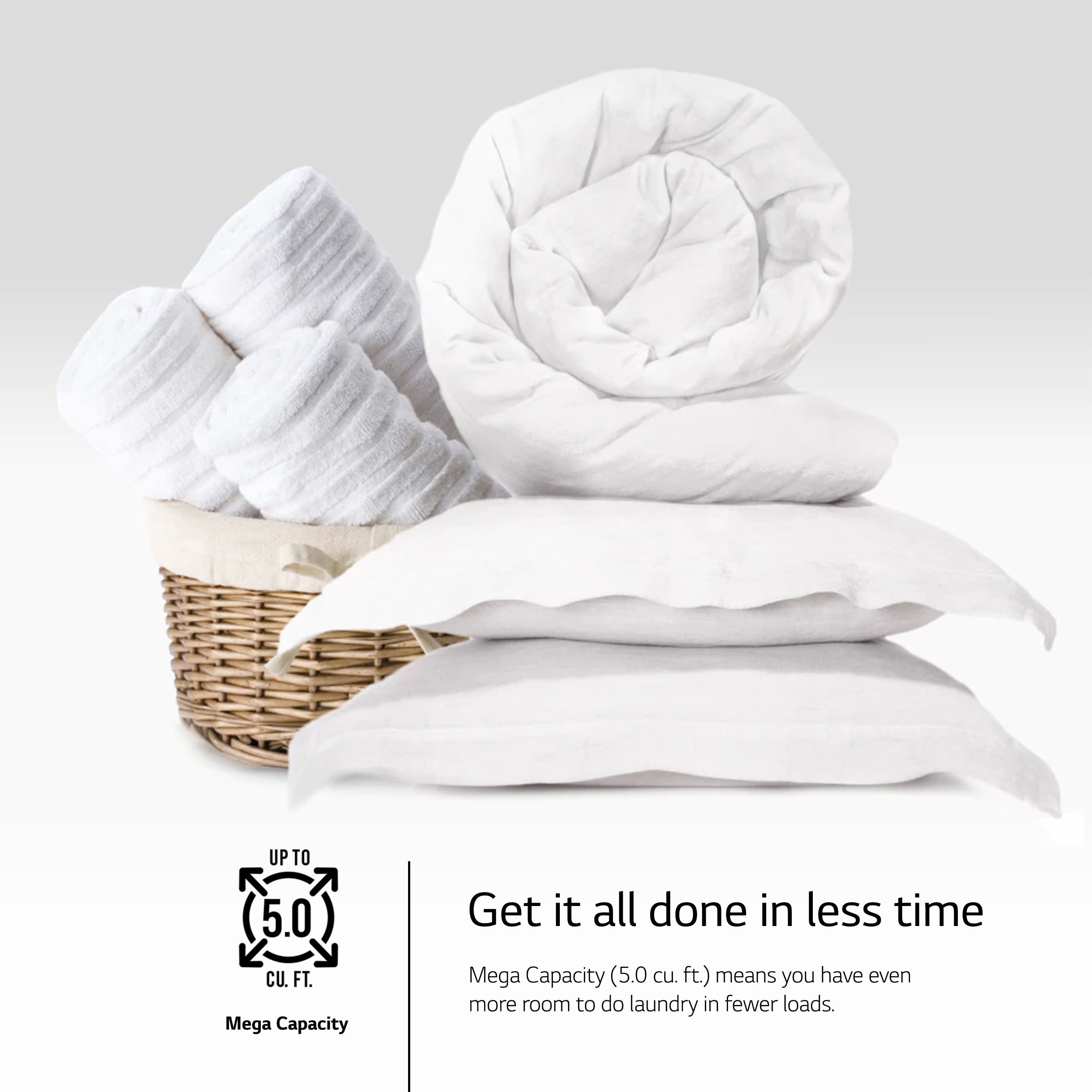The image features a stack of white pillows and towels, with a basket of towels in the foreground. The text "Get it all done in less time" is displayed prominently, emphasizing the efficiency of the mega capacity washer. The image is likely used for advertising purposes, showcasing the benefits of using a mega capacity washer for laundry.