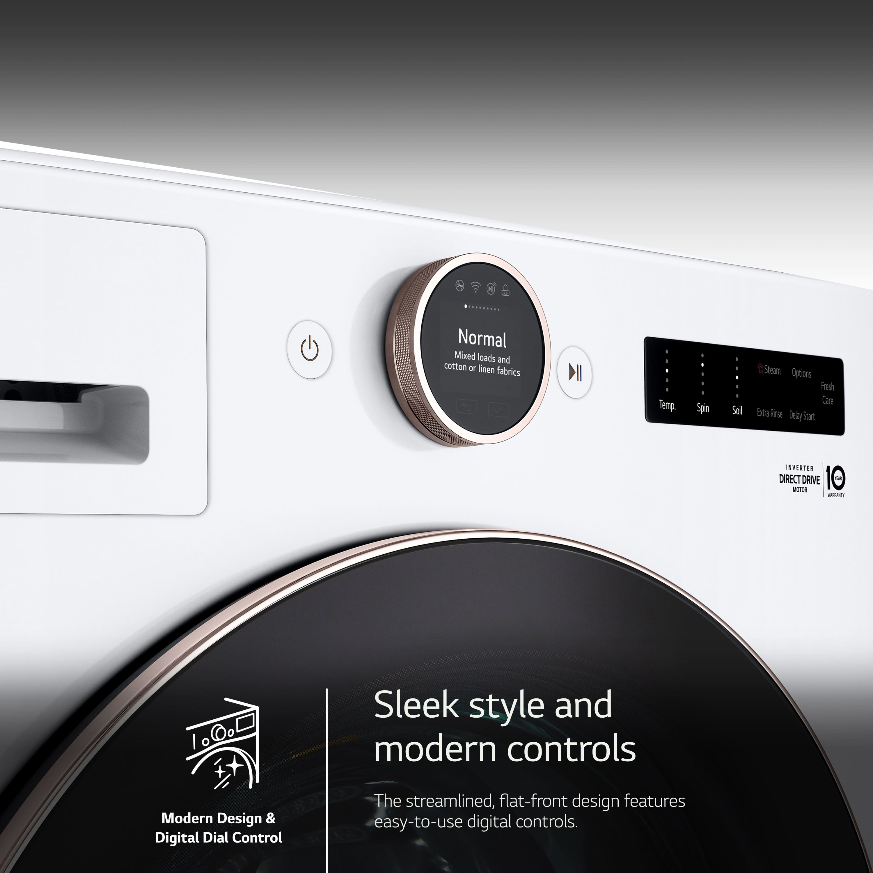 The image features a white washing machine with a sleek design and modern digital controls. The machine is equipped with a digital display and a control panel, making it easy to use and navigate. The washing machine is designed for mixed loads and cotton or linen fabrics, and it offers various spin cycle options. The streamlined, flat-front design adds to the overall aesthetic appeal of the appliance.