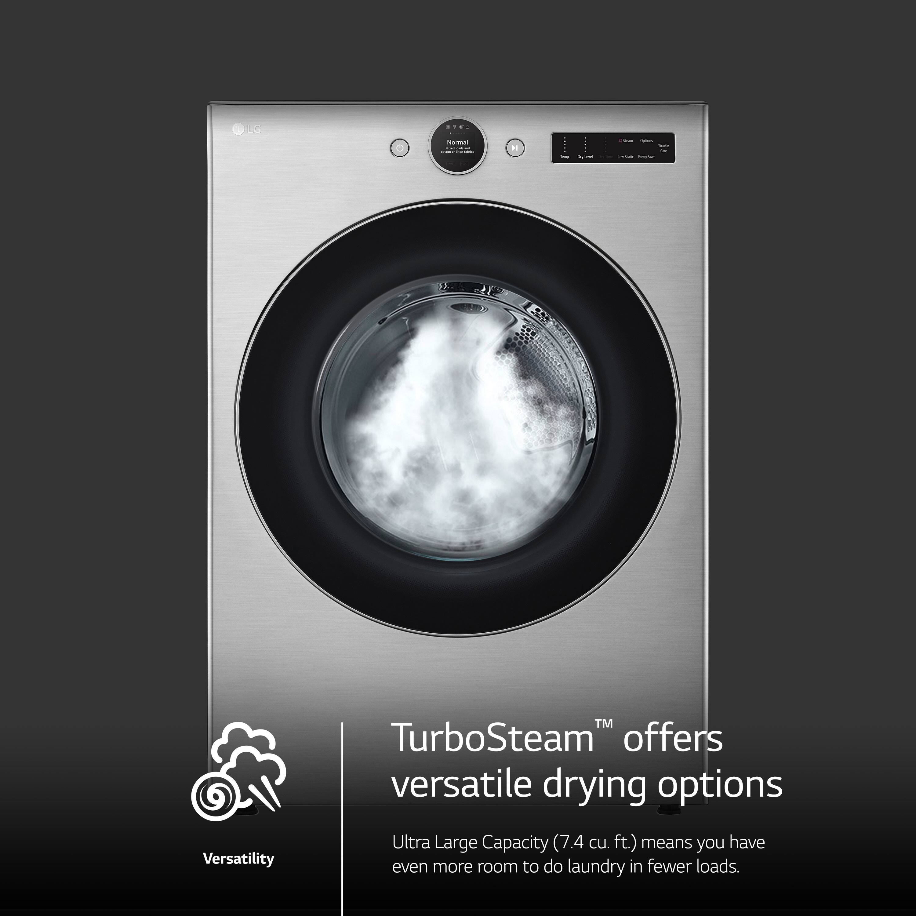 The image features a large stainless steel dryer with a glass door. The dryer has a TurboSteam feature, which offers versatile drying options. The dryer has an ultra large capacity of 7.4 cu. ft., making it suitable for doing laundry in fewer loads.