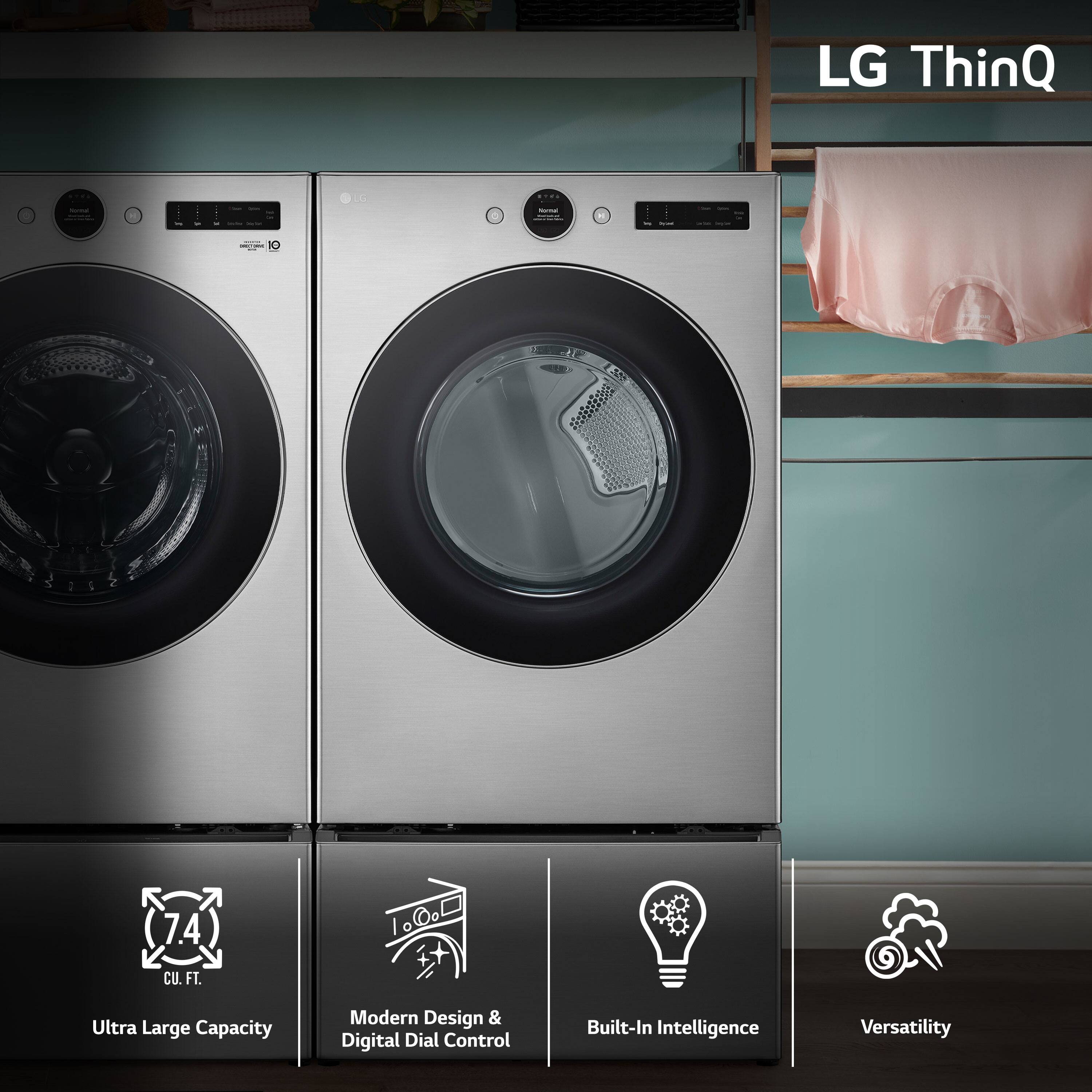 The image features two large capacity electric dryers, likely LG ThinQ models, with a combined capacity of 7.4 cubic feet. The dryers are designed with a modern look and come with a digital dial control for added convenience. The built-in intelligence of these dryers ensures efficient operation and versatility, making them a great choice for any laundry room.