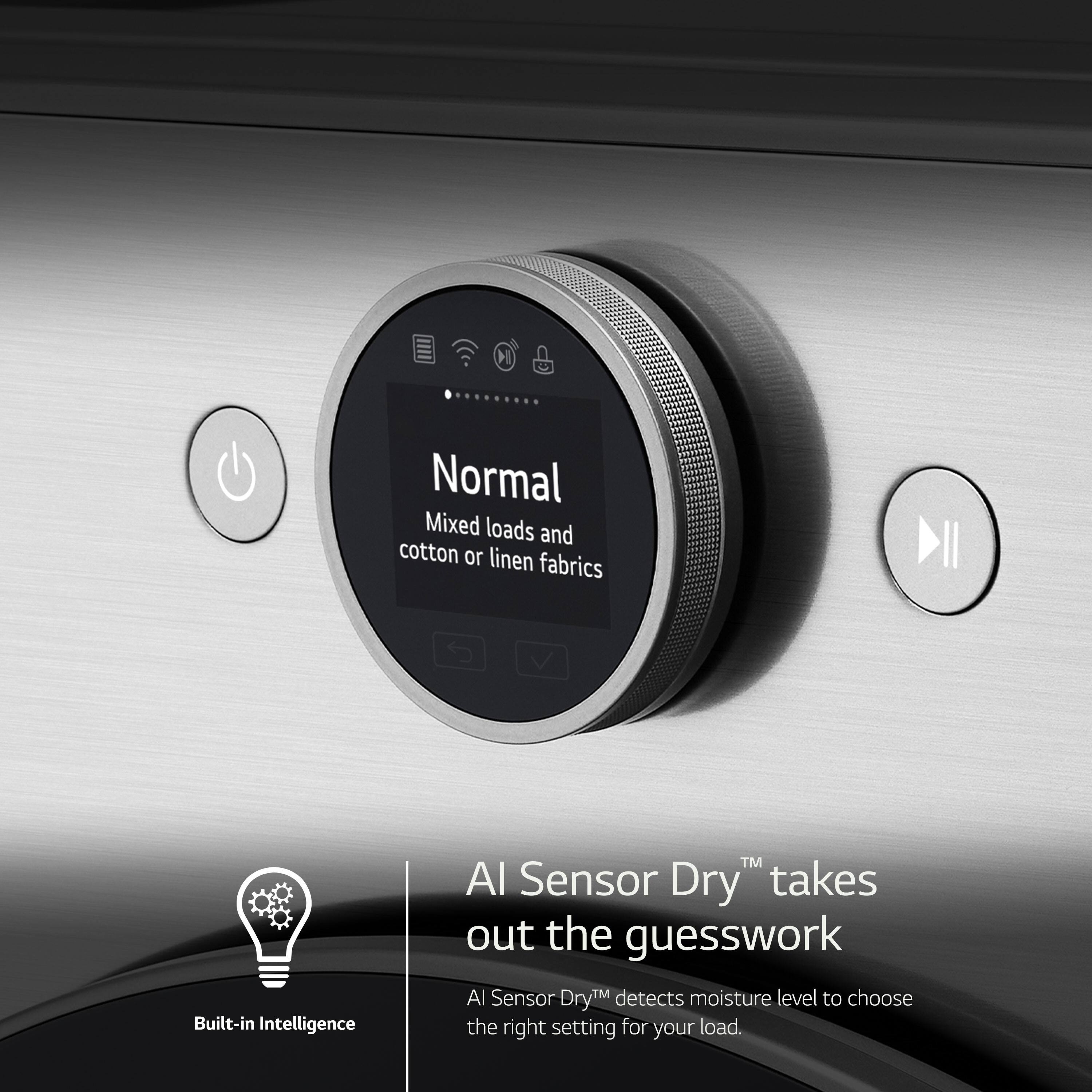 The image features a close-up of a control panel with a button labeled "Normal." The control panel is part of an electric dryer, which is designed to handle mixed loads and cotton or linen fabrics. The dryer is equipped with built-in intelligence, including an Al Sensor Dry system that takes out the guesswork by detecting moisture levels to choose the right setting for the load. The control panel is silver and has a black background, making the button stand out prominently.