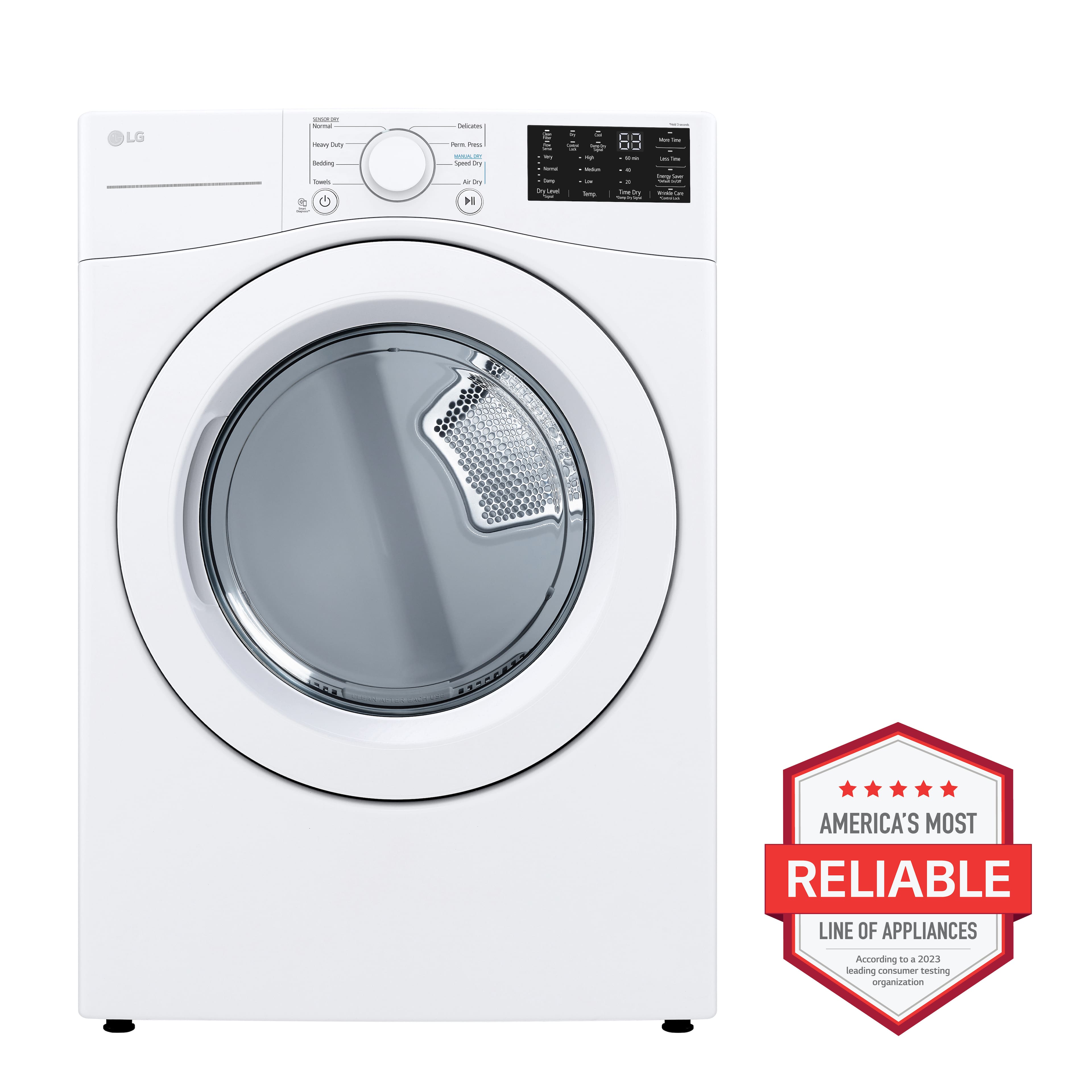 The image features a white LG washing machine, which is known for its reliability. The machine has a large drum and a digital display, making it a high-quality appliance. The washing machine is part of the America's Most Reliable Line of Appliances, as recognized by a leading consumer organization in 2023.