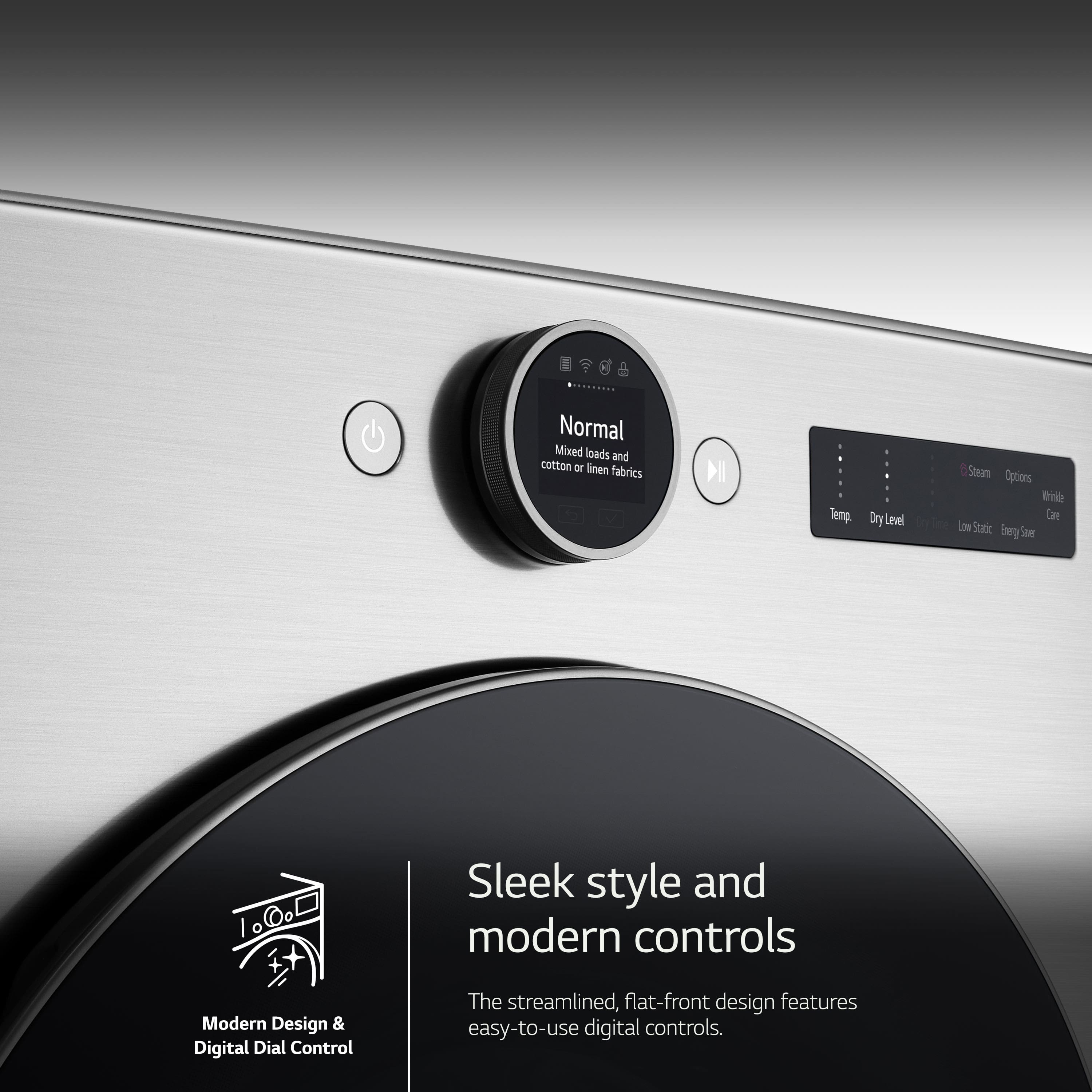 The image features a sleek style and modern controls on a washing machine. The machine is designed with a streamlined, flat-front design and is equipped with easy-to-use digital controls. It is suitable for mixed loads and cotton or linen fabrics, and offers various drying options, including steam options. The washer is also designed with static begie 100o and is a modern design with digital dial control.