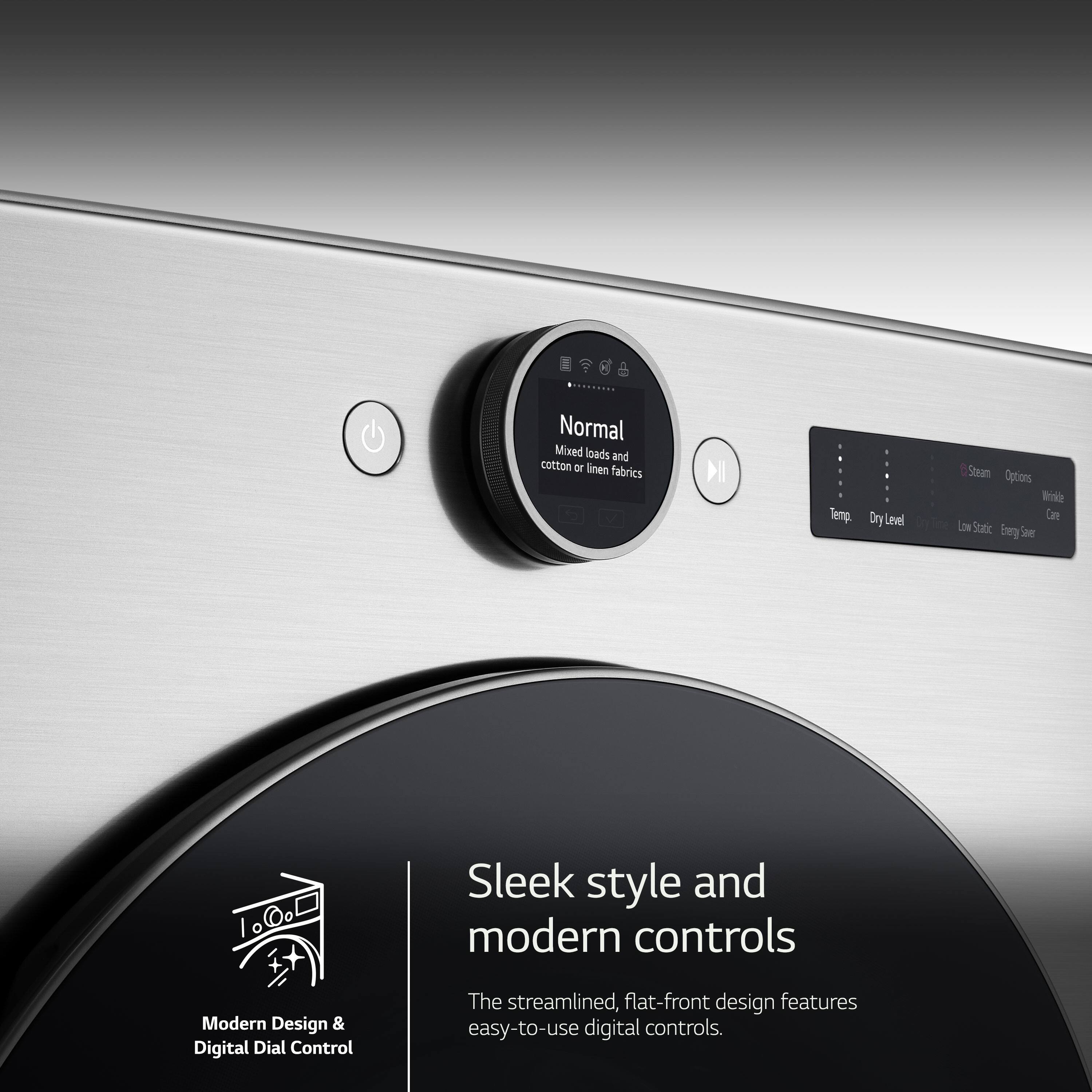The image features a sleek style and modern controls on a washing machine. The machine is designed with a streamlined, flat-front design and is equipped with easy-to-use digital controls. It is suitable for mixed loads and cotton or linen fabrics, and offers various drying options, including steam options. The washer is also designed with static begie 100o and is a modern design with digital dial control.